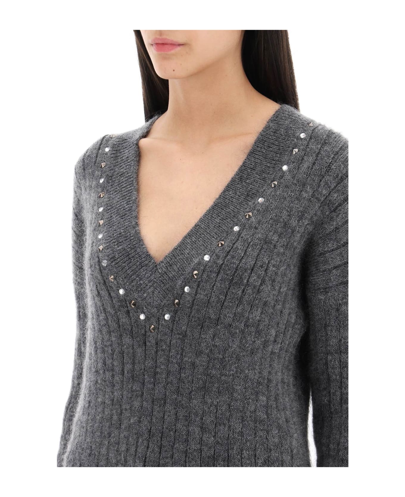 Alessandra Rich Wool Knit Sweater With Studs And Crystals - GREY MELANGE (Grey)
