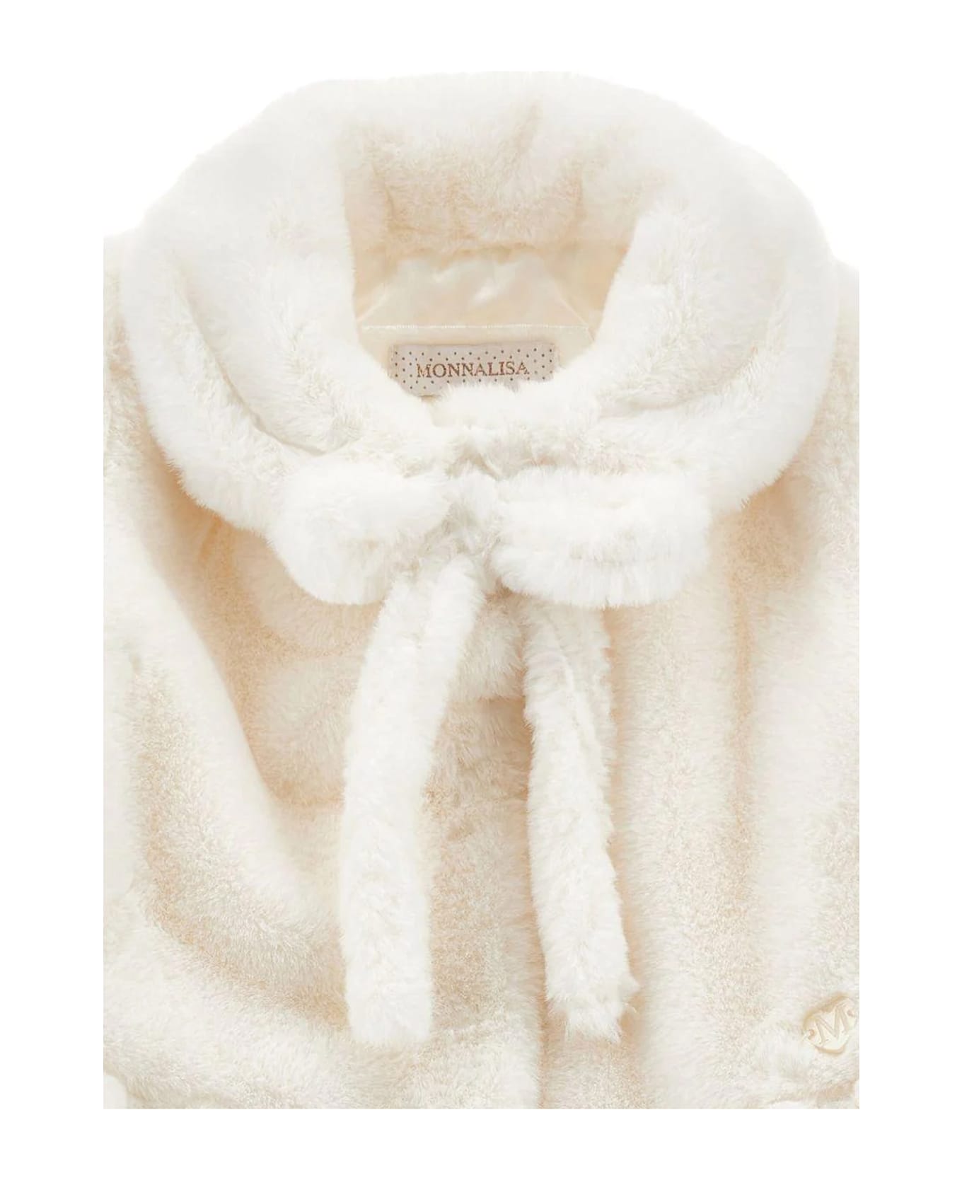 Monnalisa Ivory Faux Fur Coat For Baby Girl With Logo - Ivory