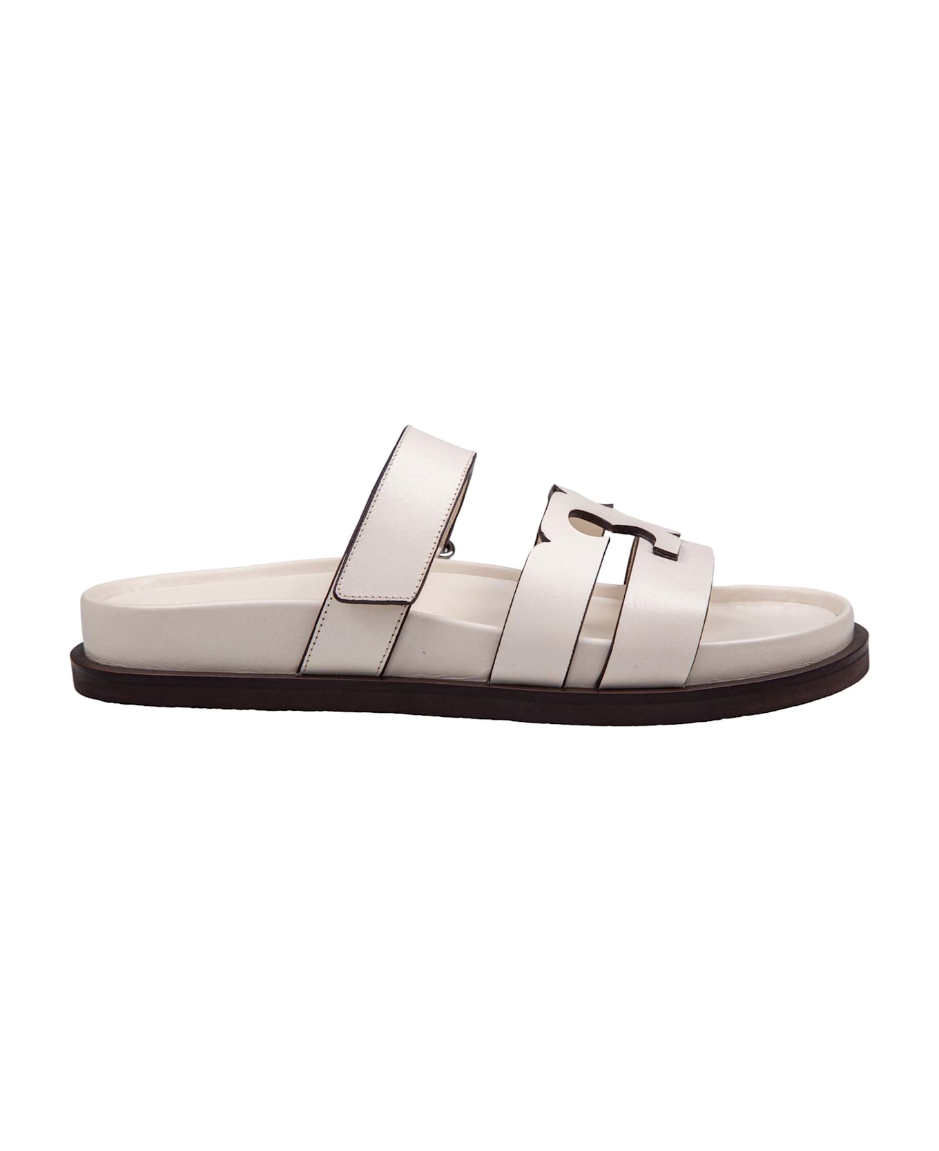 Tory Burch Slide Ines Sport Double T In Ivory Leather - Ivory