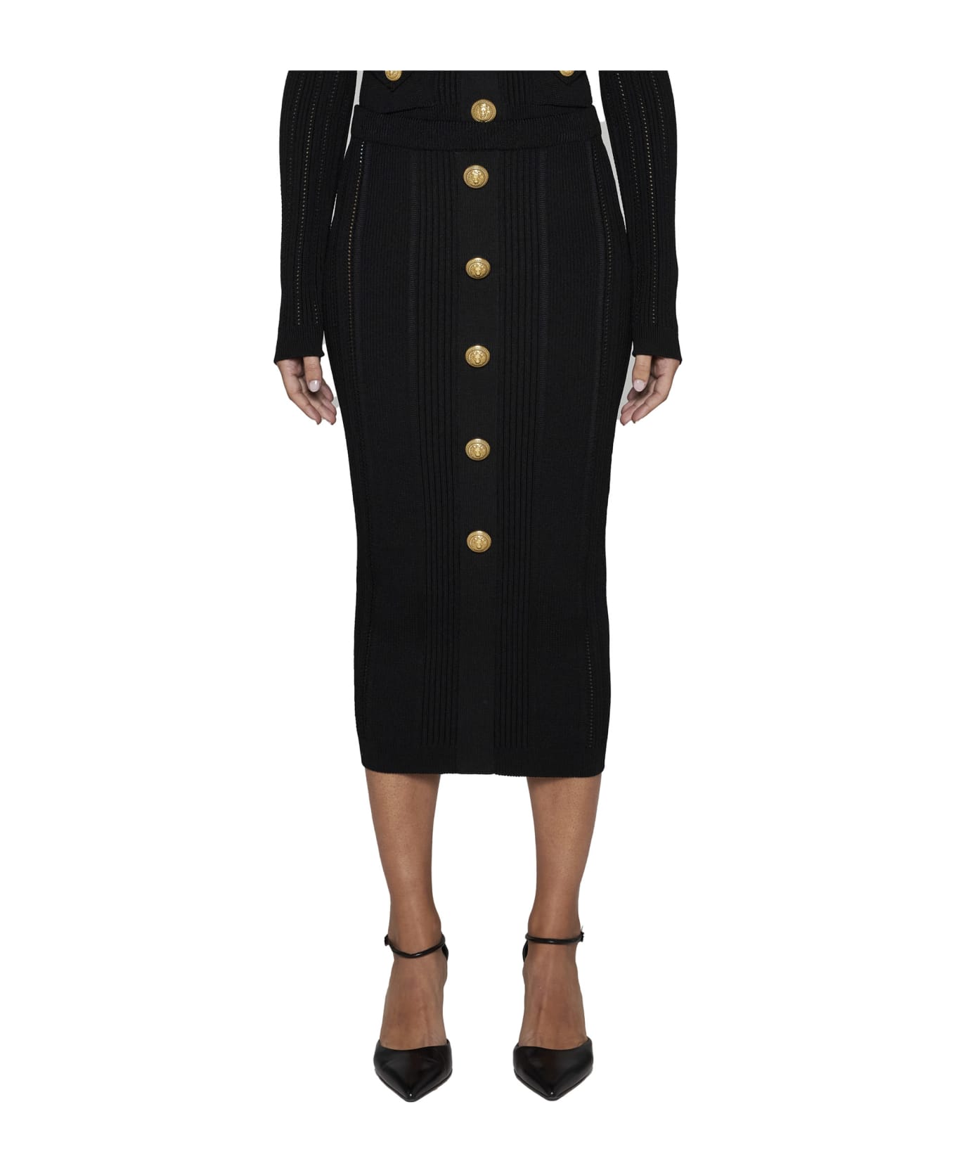 Balmain High Waist Five Button See Through Knit Midi Skirt - Black スカート