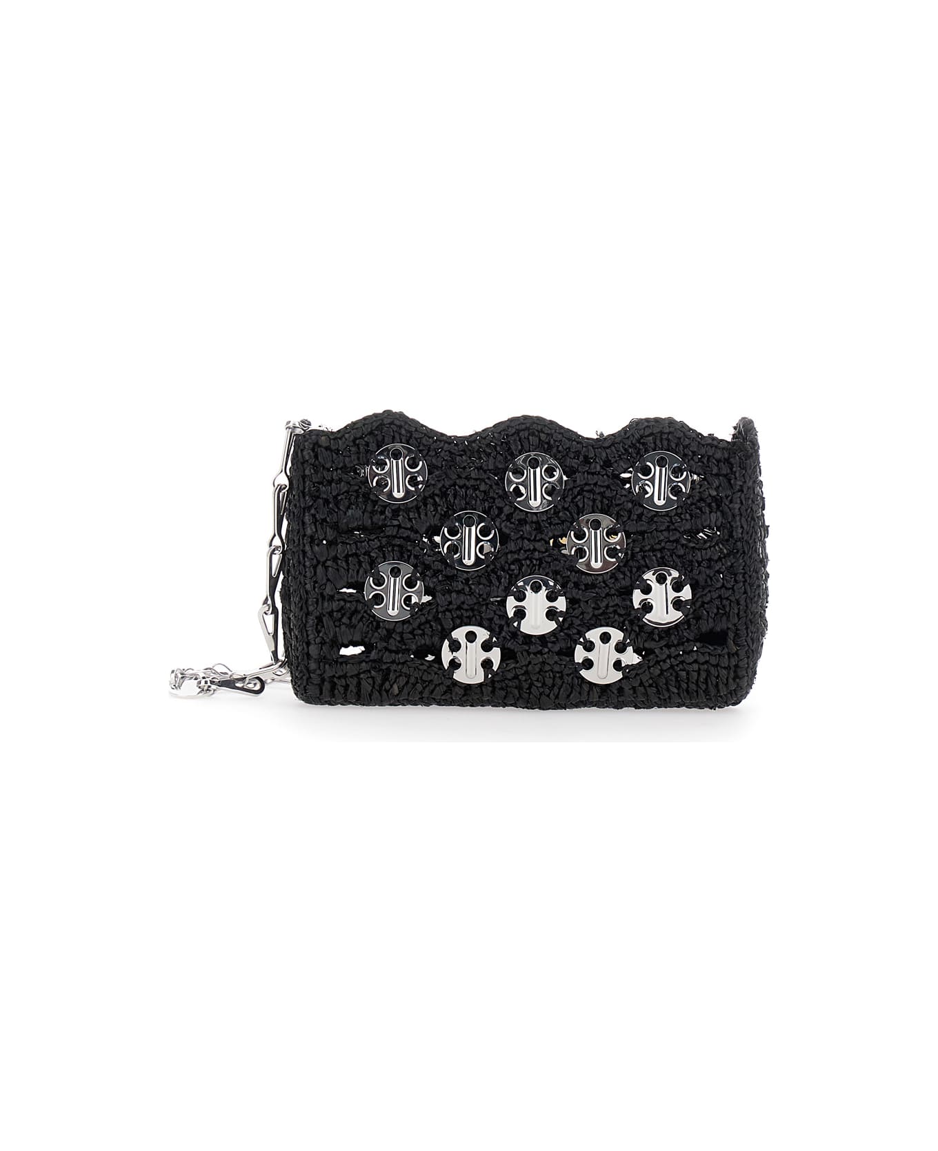 Paco Rabanne Black Shoulder Bag With Chain-link Shoulder Strap And Discs Detail In Raphia Woman - Black