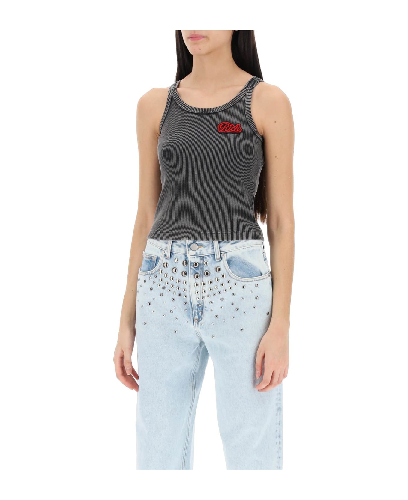 Alessandra Rich Ribbed Tank Top With Logo Patch - GREY (Grey)