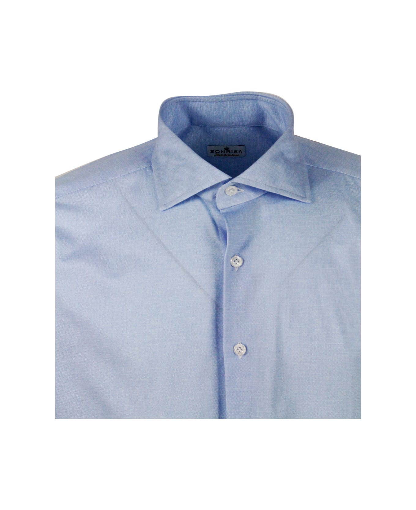 Sonrisa Luxury Shirt In Soft, Precious And Very Fine Stretch Cotton Flower With French Collar In Two-tone Melange Print - Light Blu