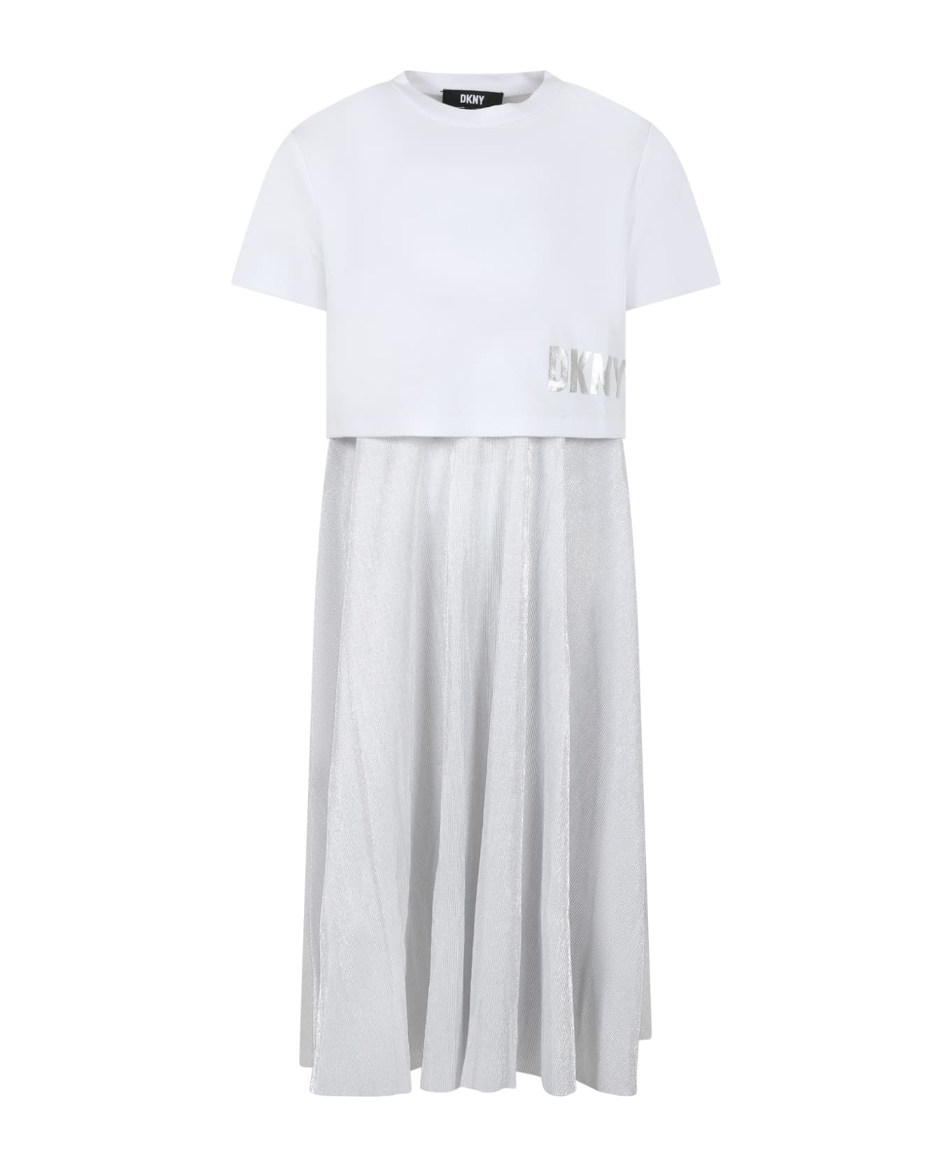 DKNY Casual White Dress For Girl With Logo - Silver