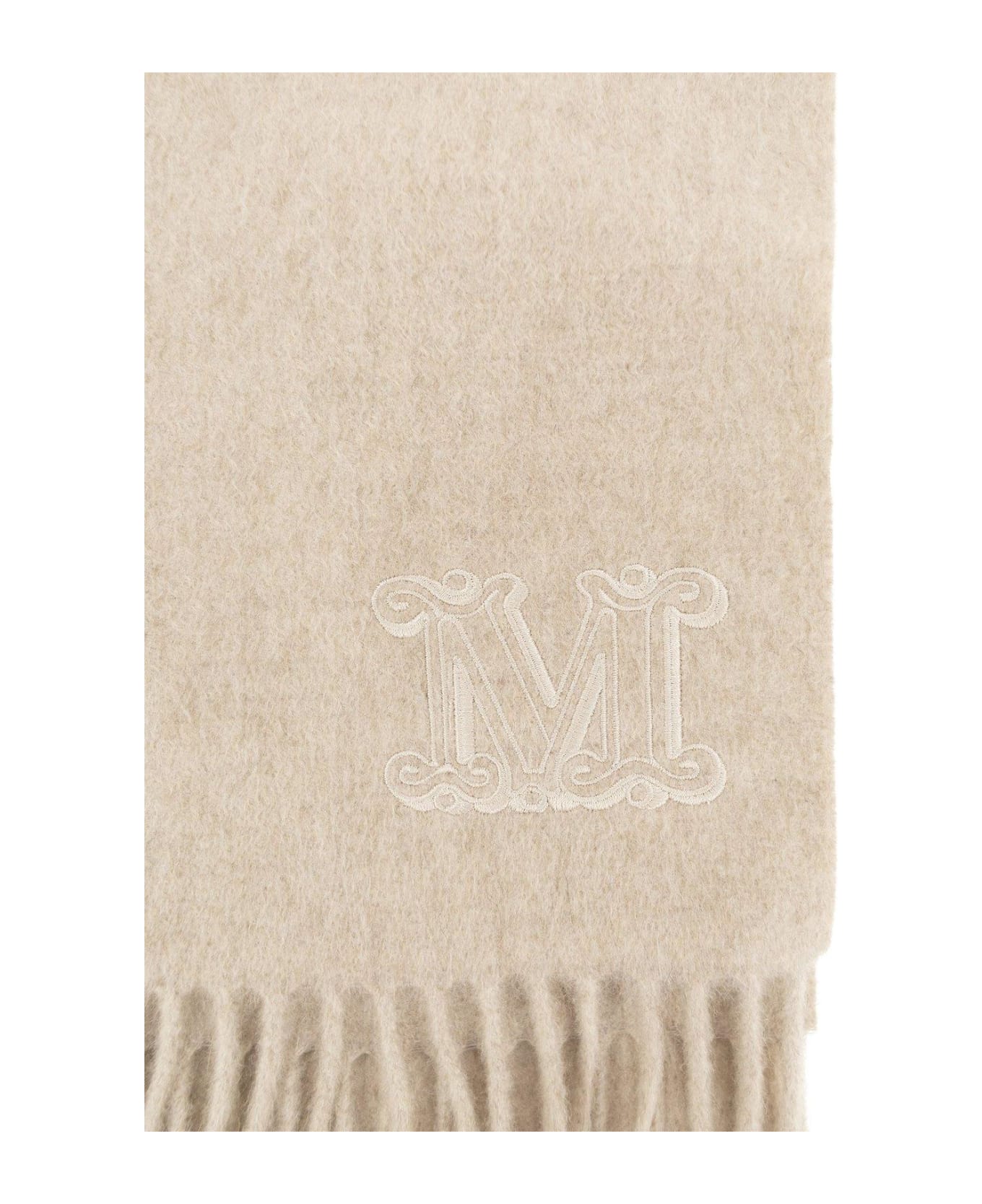Max Mara Logo Embroidered Fringed Scarf - Beige スカーフ＆ストール
