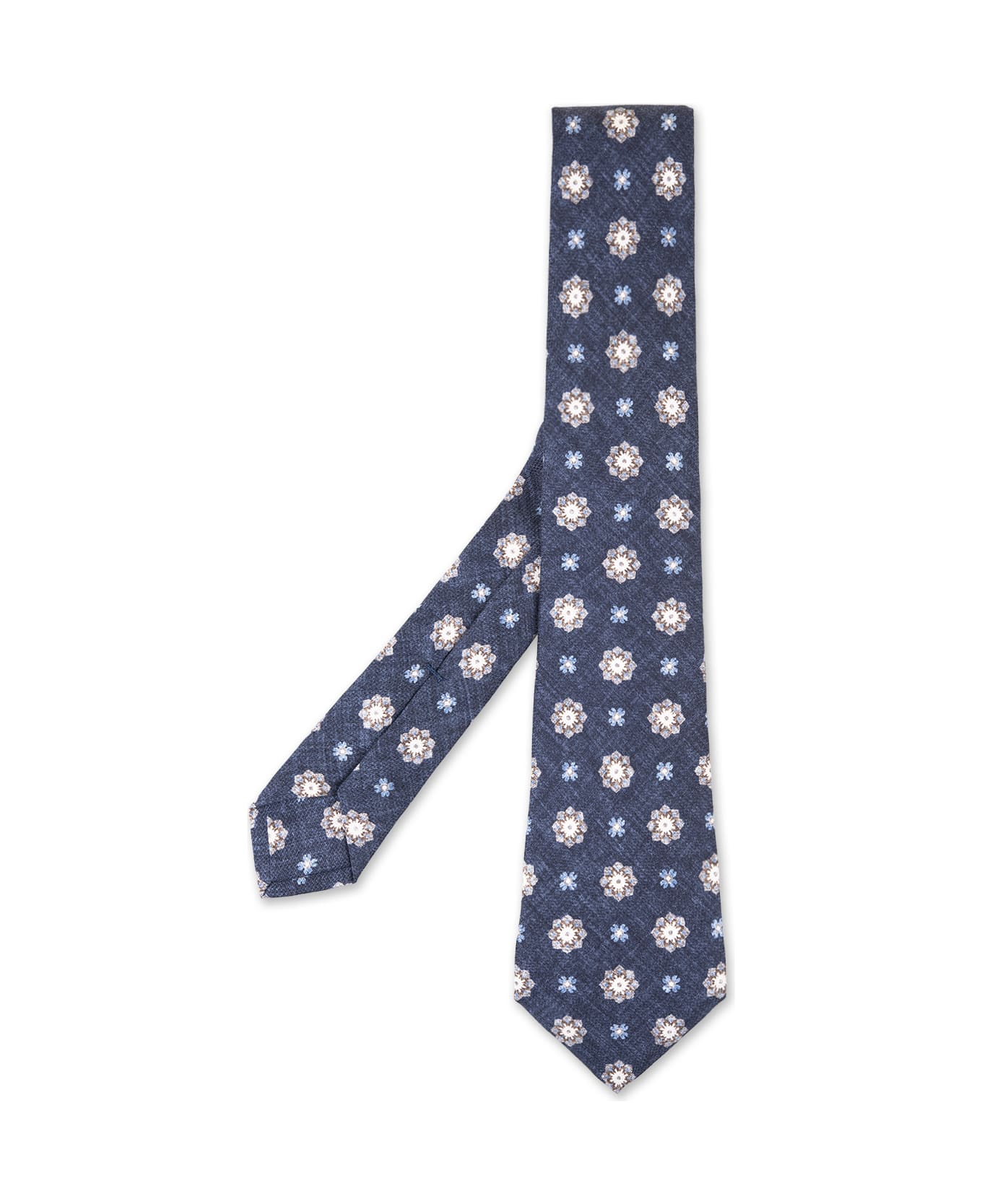Kiton Navy Blue Tie With Flower Pattern - Blue