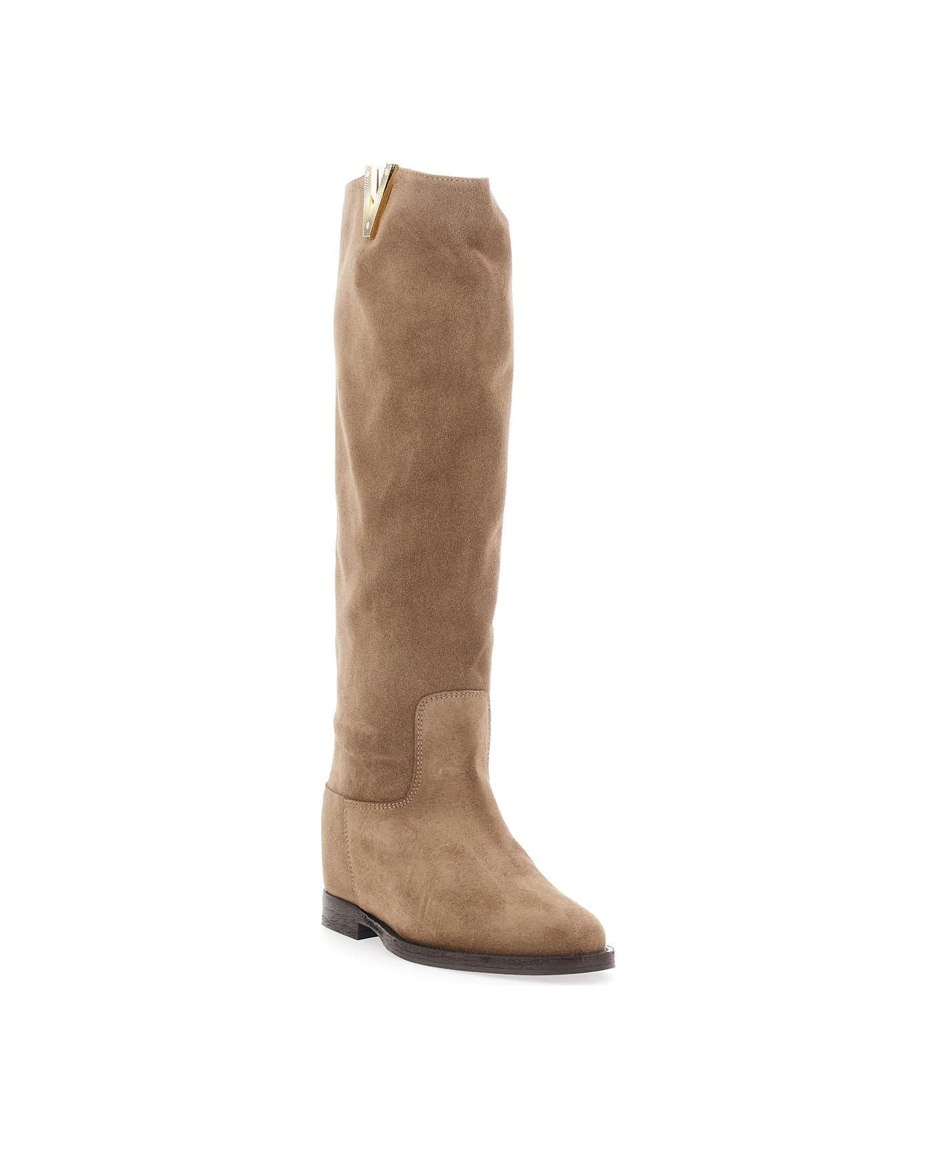 Via Roma 15 Beige Knee-high Boots With Cut-out On The Side And Logo Plaque In Suede Woman - Beige