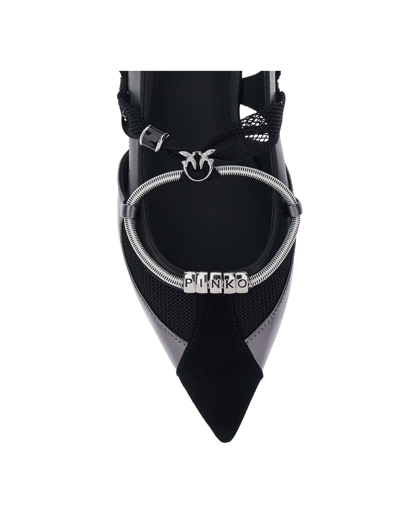 Pinko 'gianira' Black Ballerinas With Pointed Toe And Decorative Ankle Band In Leather And Fabric Blend Woman - Black