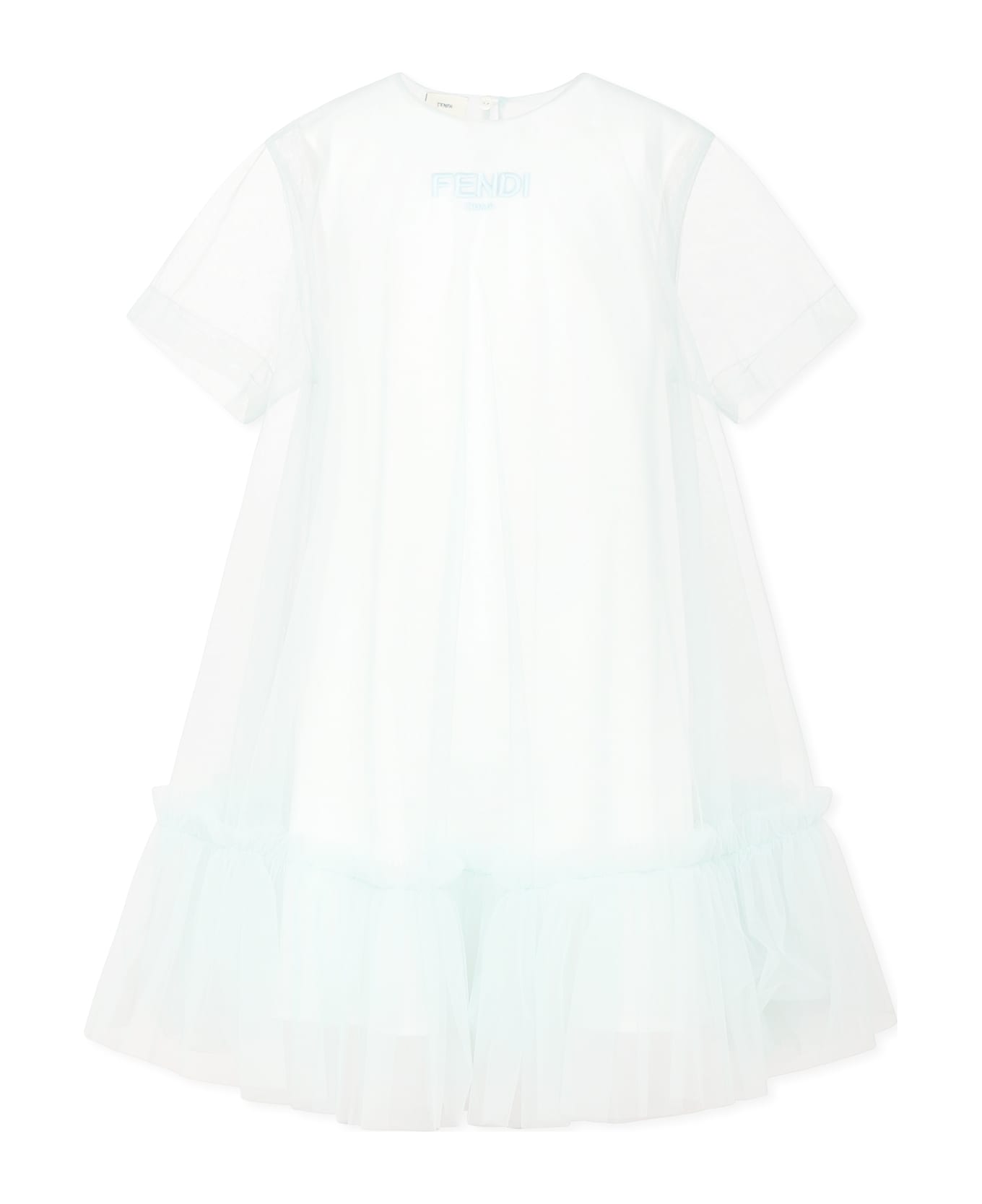 Fendi Green Dress For Girl With Logo - Light Blue
