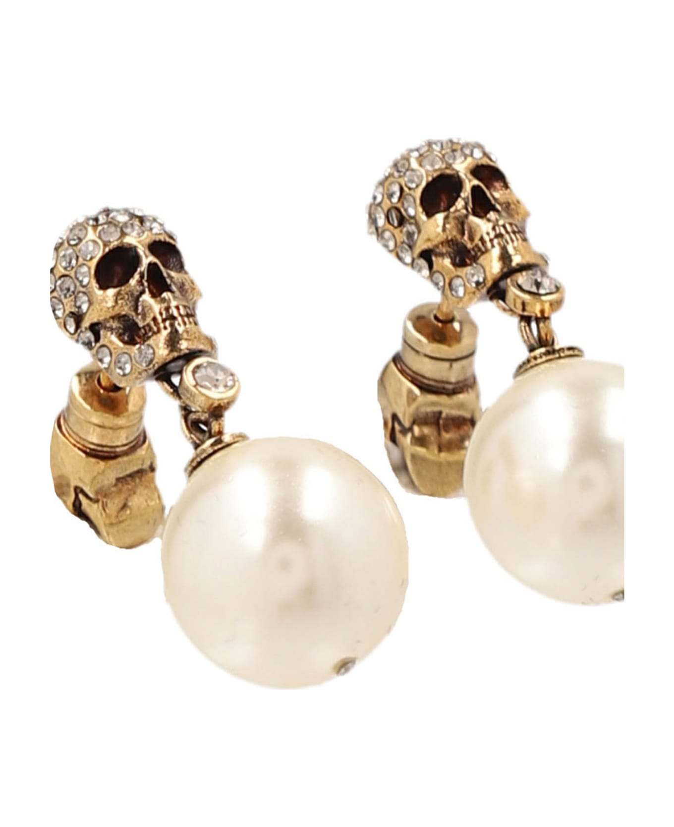 Alexander McQueen Pearl Skull Earrings In Antiqued Gold - Gold