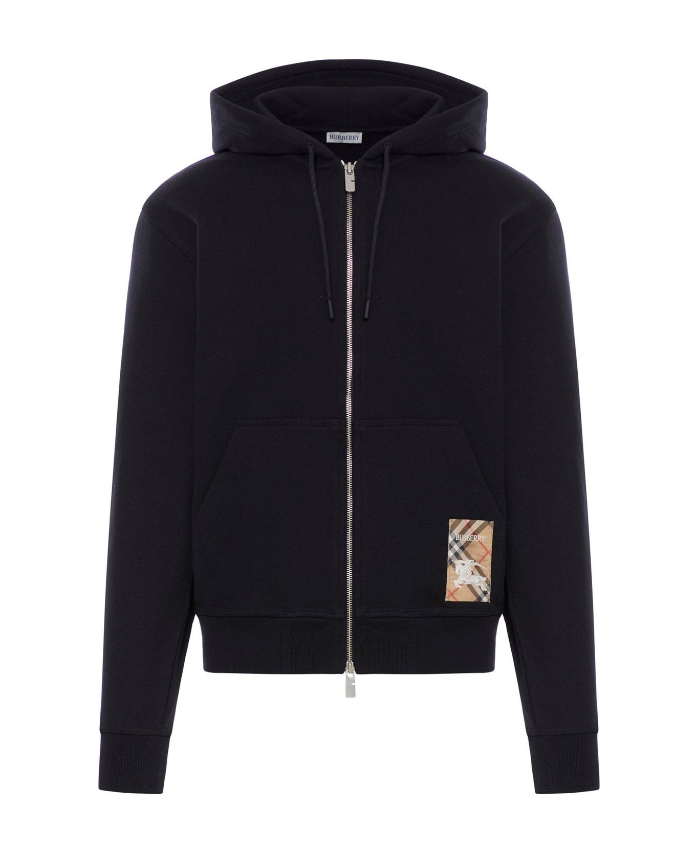 Burberry Check-label Zip-up Drawstring Hoodie - BLACK