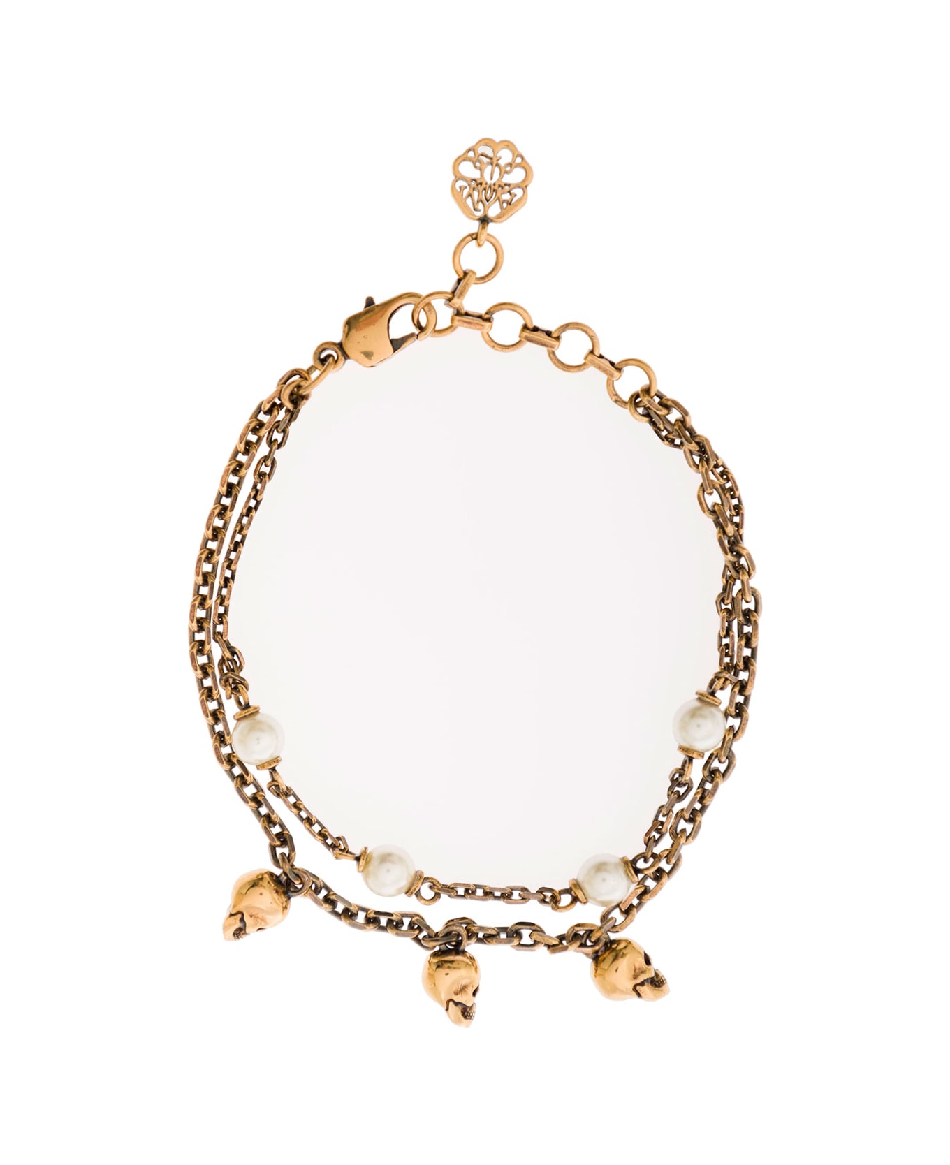 Alexander McQueen Antique Gold-finished Double-chain Bracelet With Skull And Pearl-like Charm In Brass Woman - Metallic