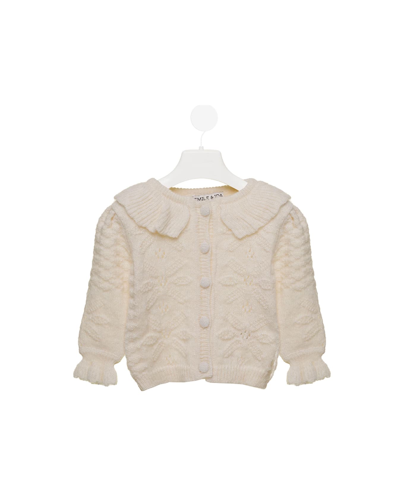 Emile Et Ida Kids Baby's White Cardigan With Embroidery And Flounces - Beige