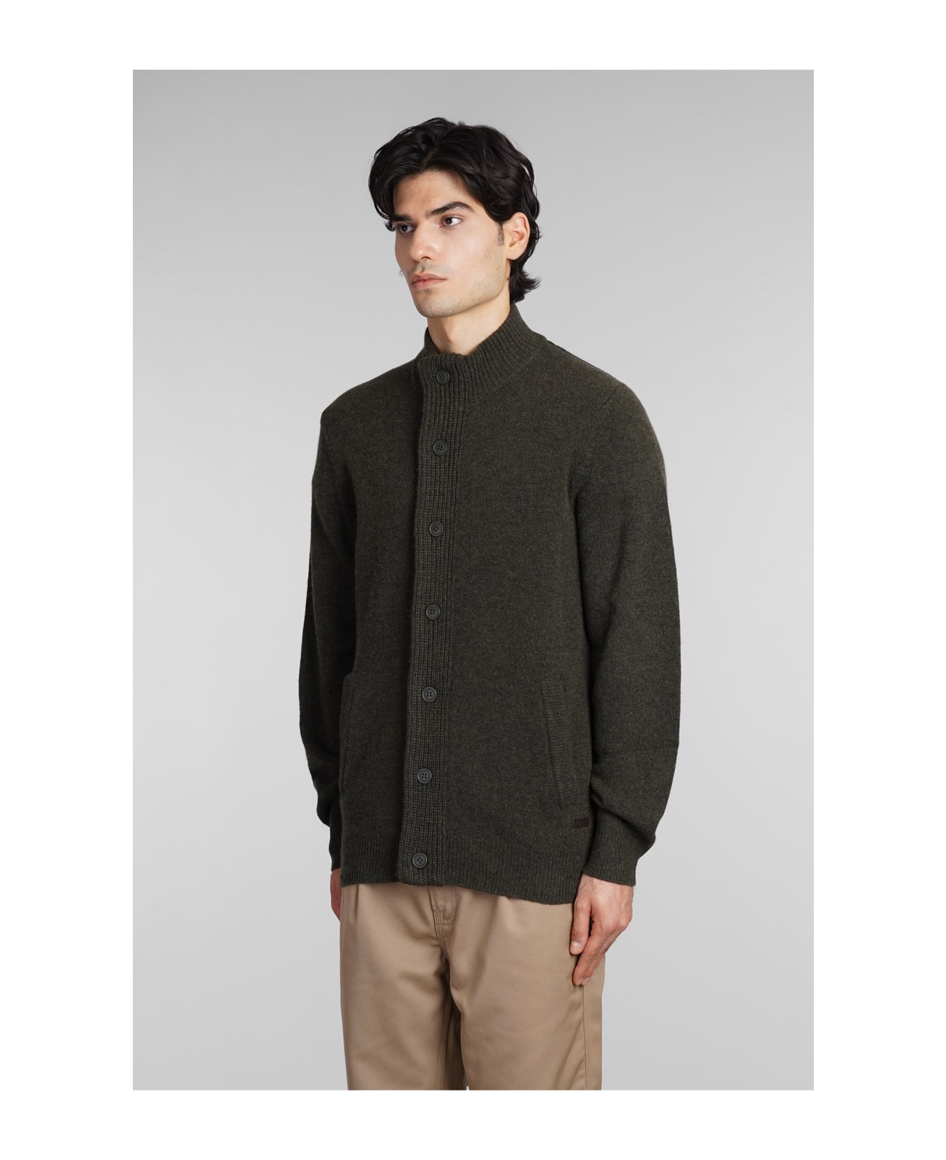 Barbour Patch Zip Card Cardigan In Green Wool - Seaweed