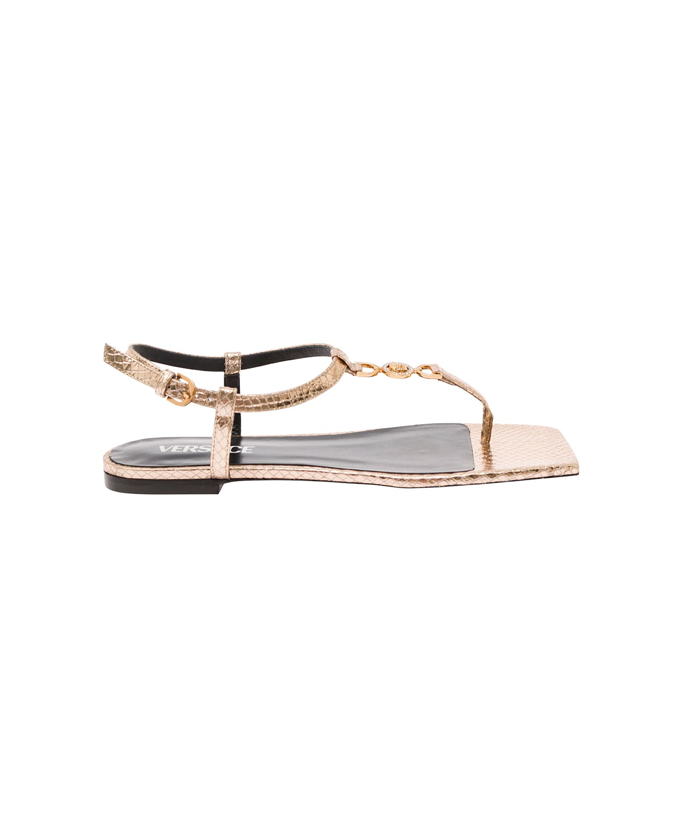 Versace 'medusa '95' Gold-colored Low Sandals With Logo Detail In Snake-printed Leather Woman - Metallic