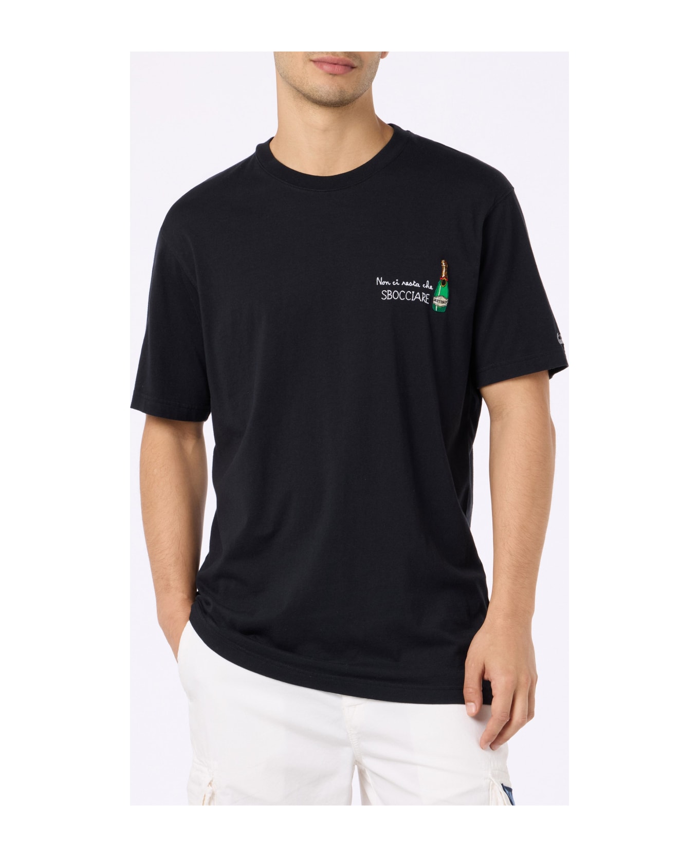 MC2 Saint Barth Man Classic Fit Cotton Jersey T-shirt Portofino With Non Ci Resta Che Sbocciare Embroidery - BLACK