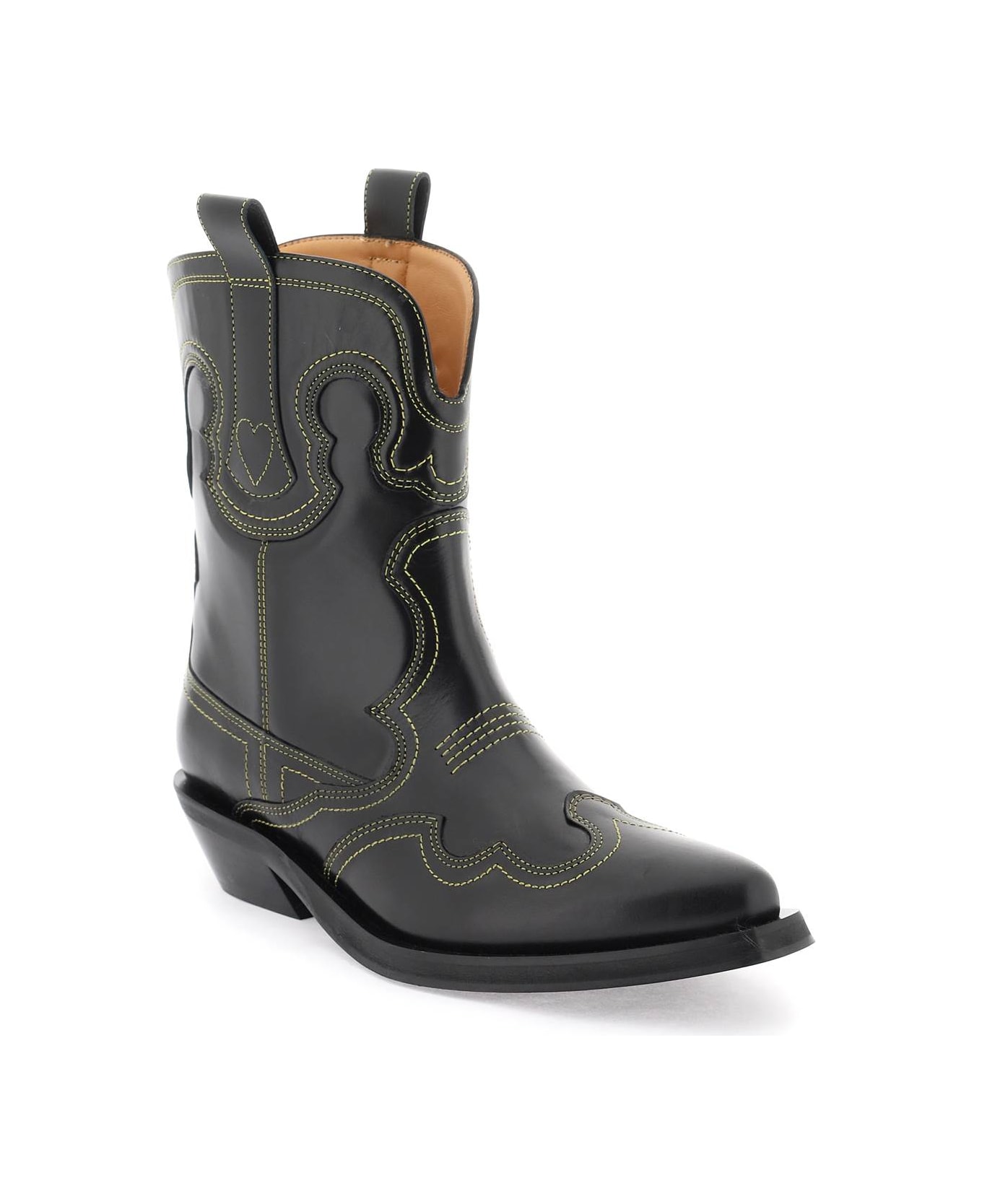 Ganni Embroidered Western Ankle Boots - Black/yellow