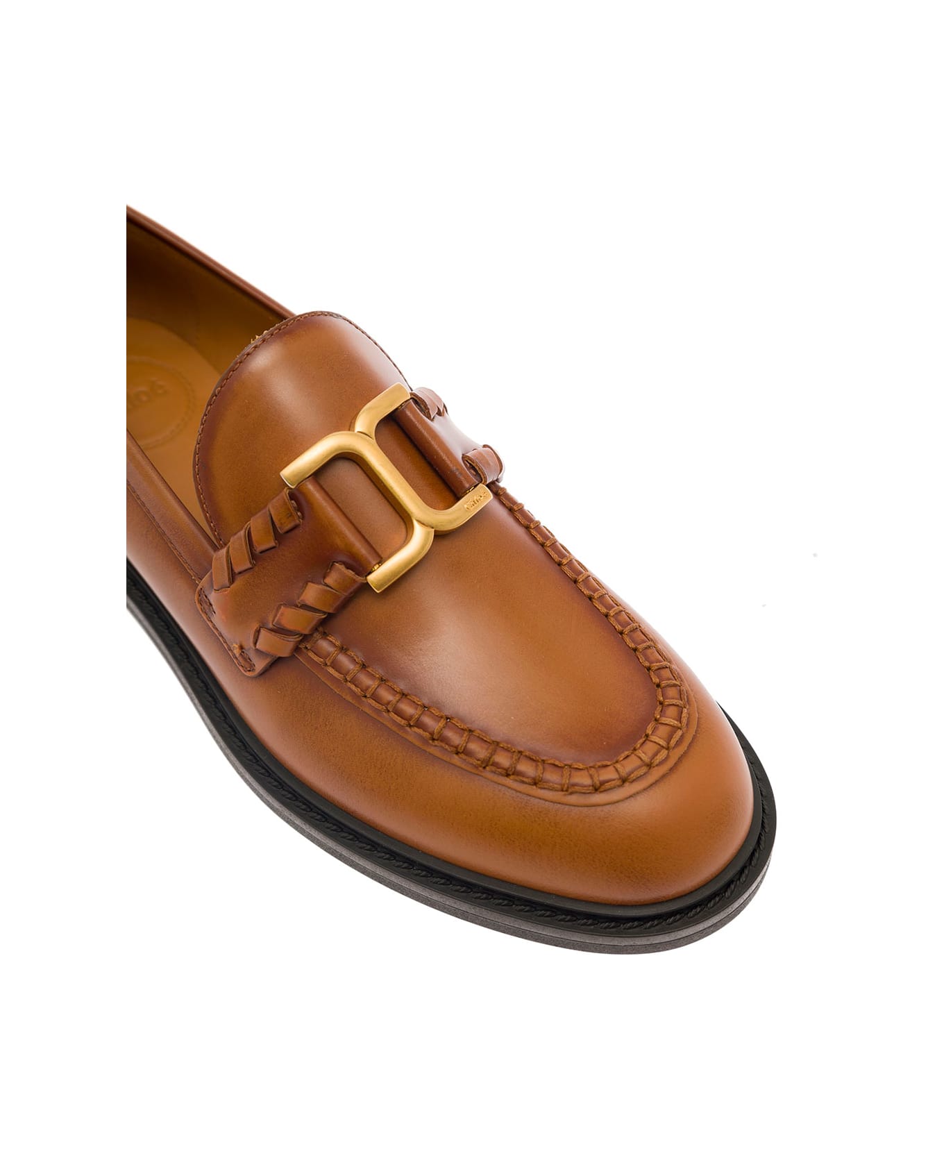 Chloé 'marcie' Brown Loafers With Gold-colored Metal Logo In Smooth Leather Woman - Brown フラットシューズ