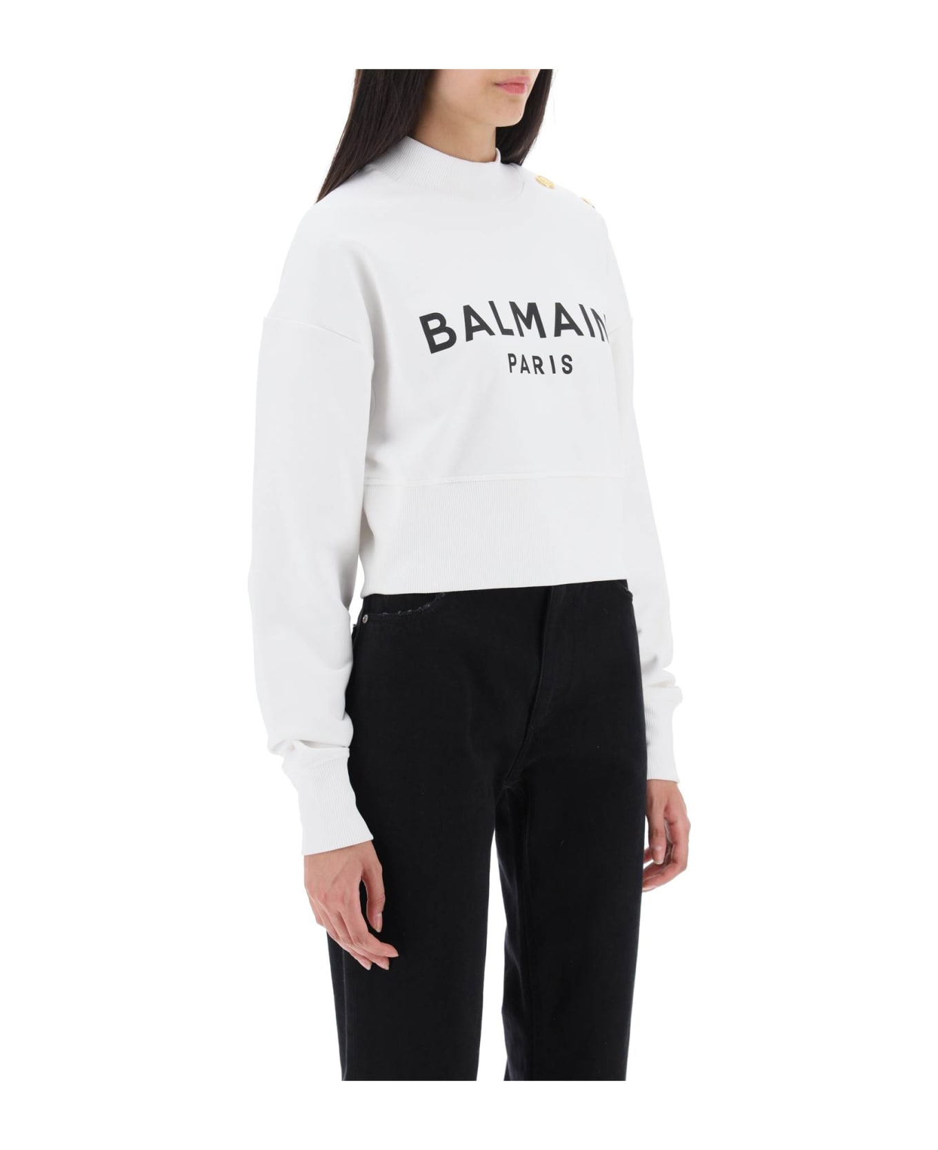 Balmain Cropped Sweatshirt With Logo Print And Buttons - White ニットウェア