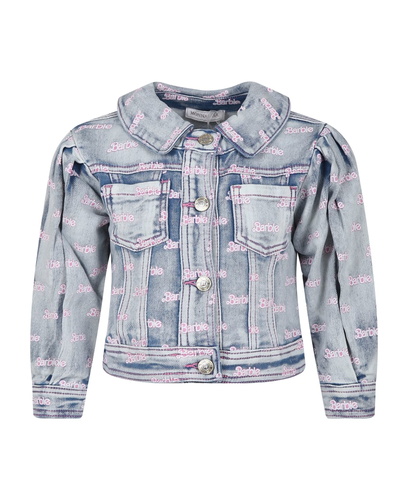 Monnalisa Blue Jacket For Girl With All-over Writing - Denim