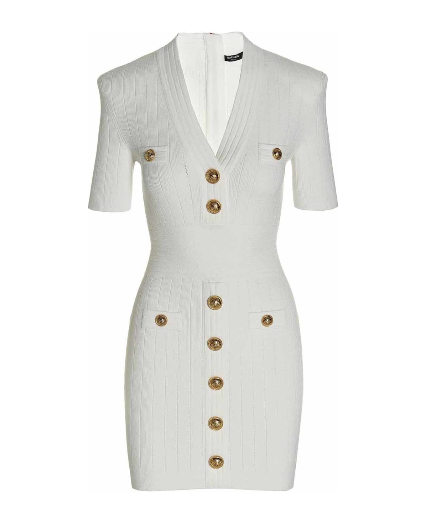 Balmain Logo Button Knit Dress - White