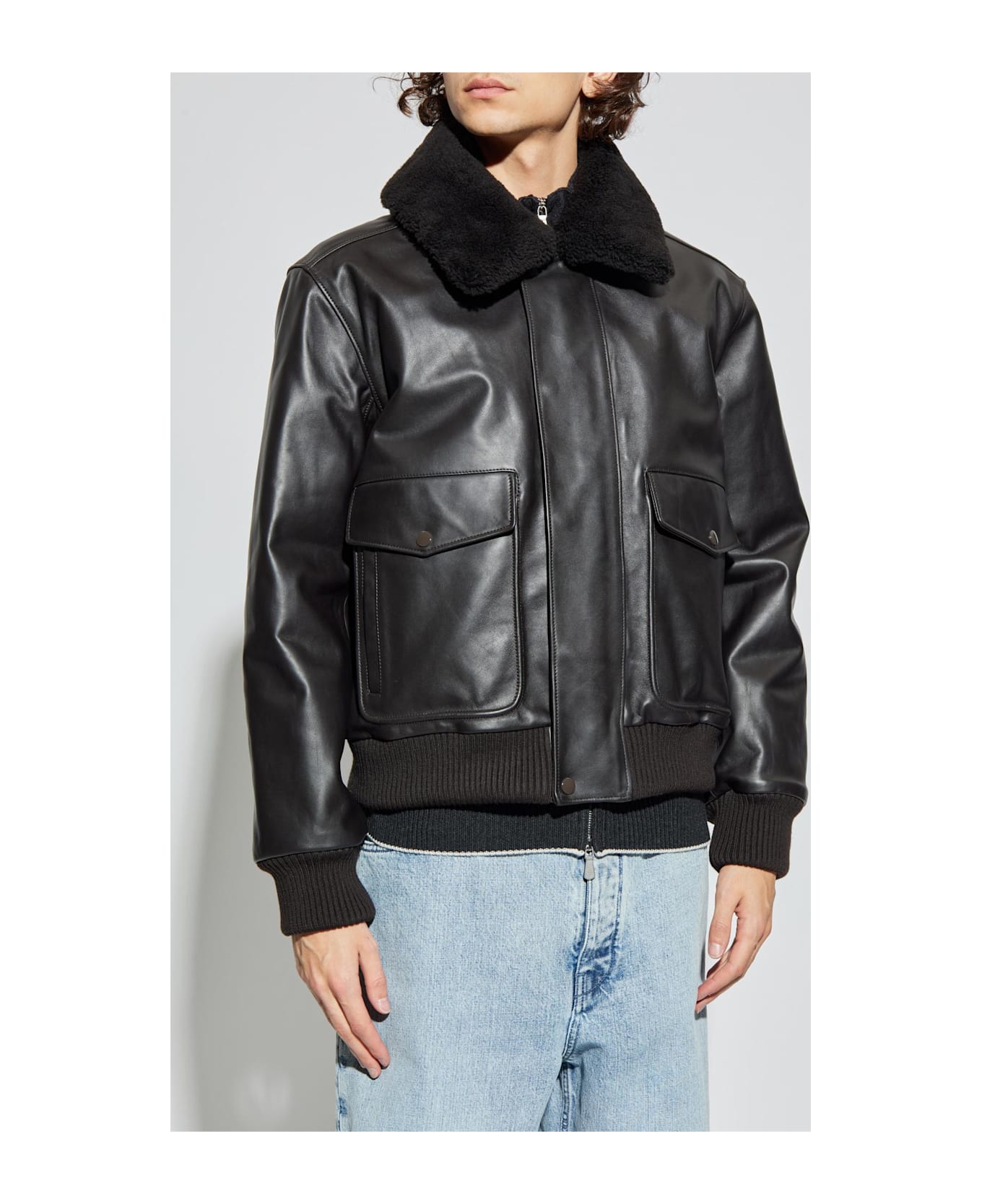 Lemaire Leather Jacket With Faux Fur Collar - BROWN