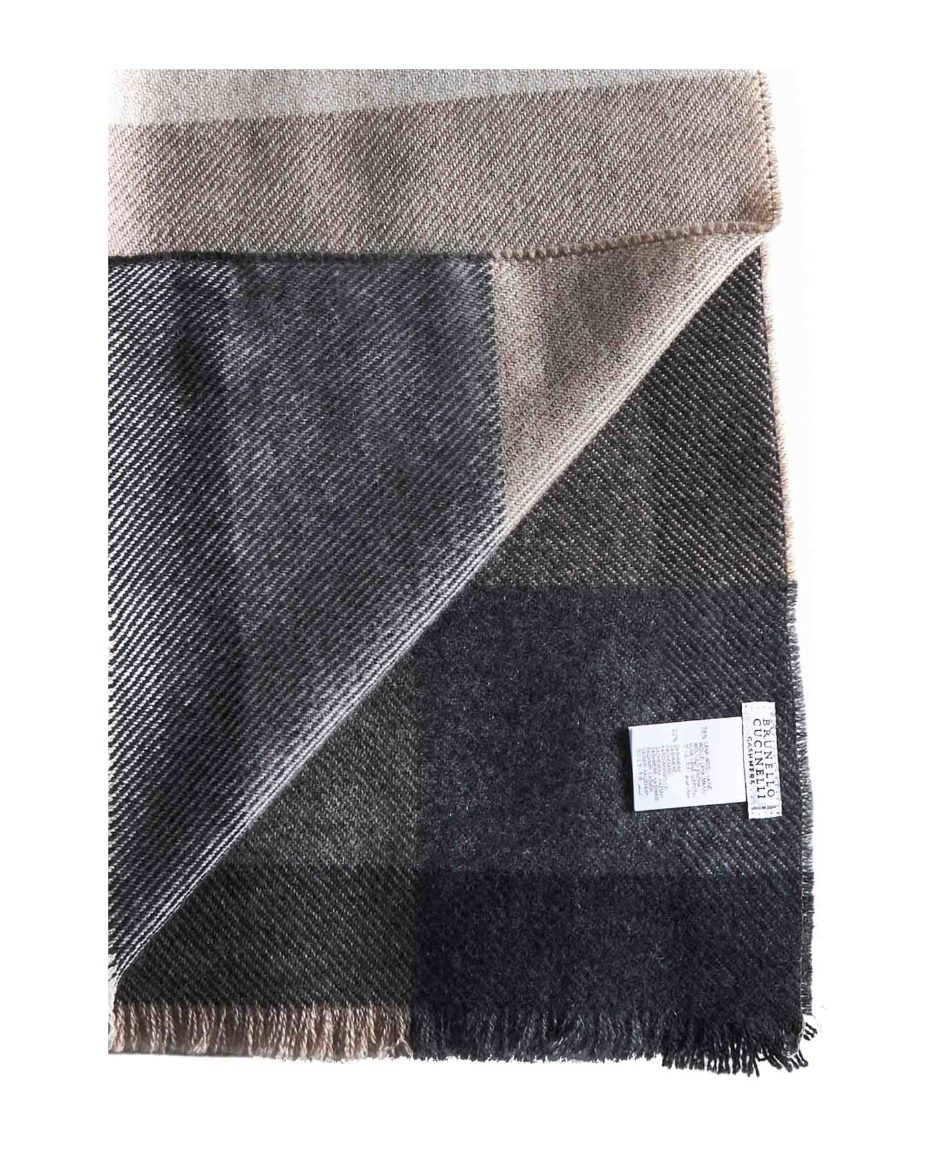 Brunello Cucinelli Wool And Cashmere Scarf With Check Motif - Grey Brown Anthracite Grey