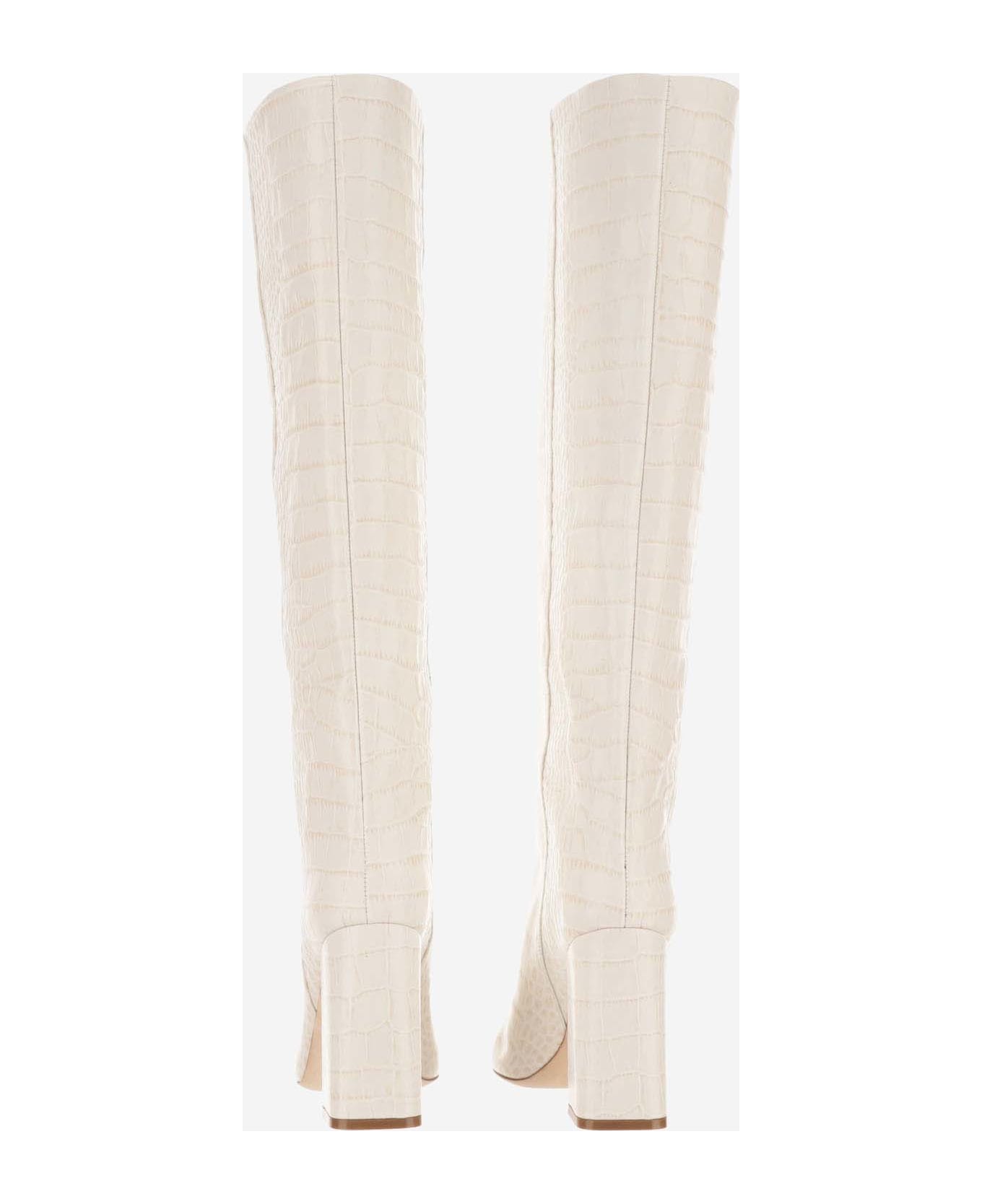 Paris Texas Leather Boot With Croc Print - Bianco