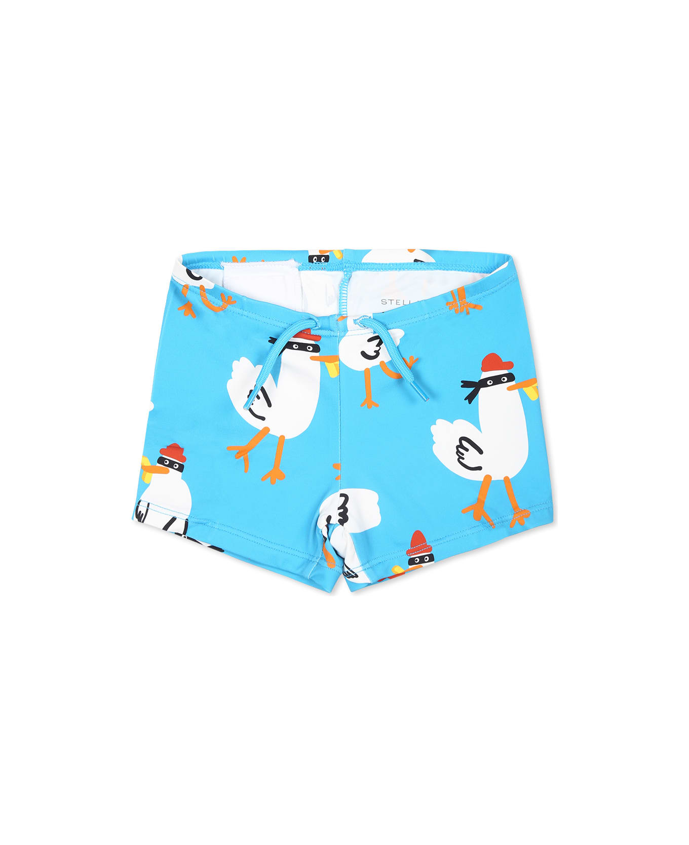 Stella McCartney Kids Light Blue Swim Shorts For Baby Boy With Rooster Print - Light Blue