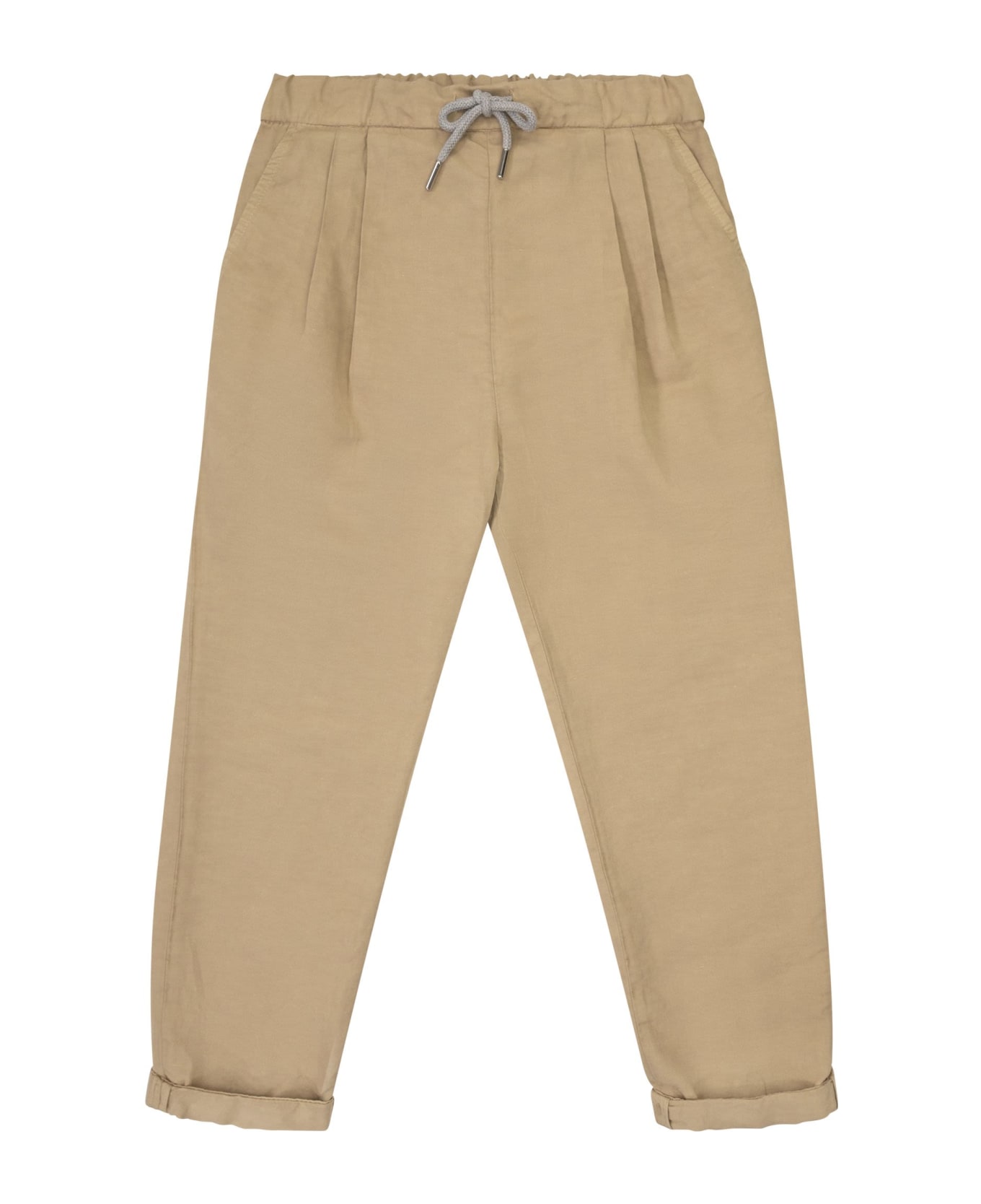 Brunello Cucinelli Garment Dyed Linen And Twisted Cotton Gabardine Trousers With Drawstring - Beige