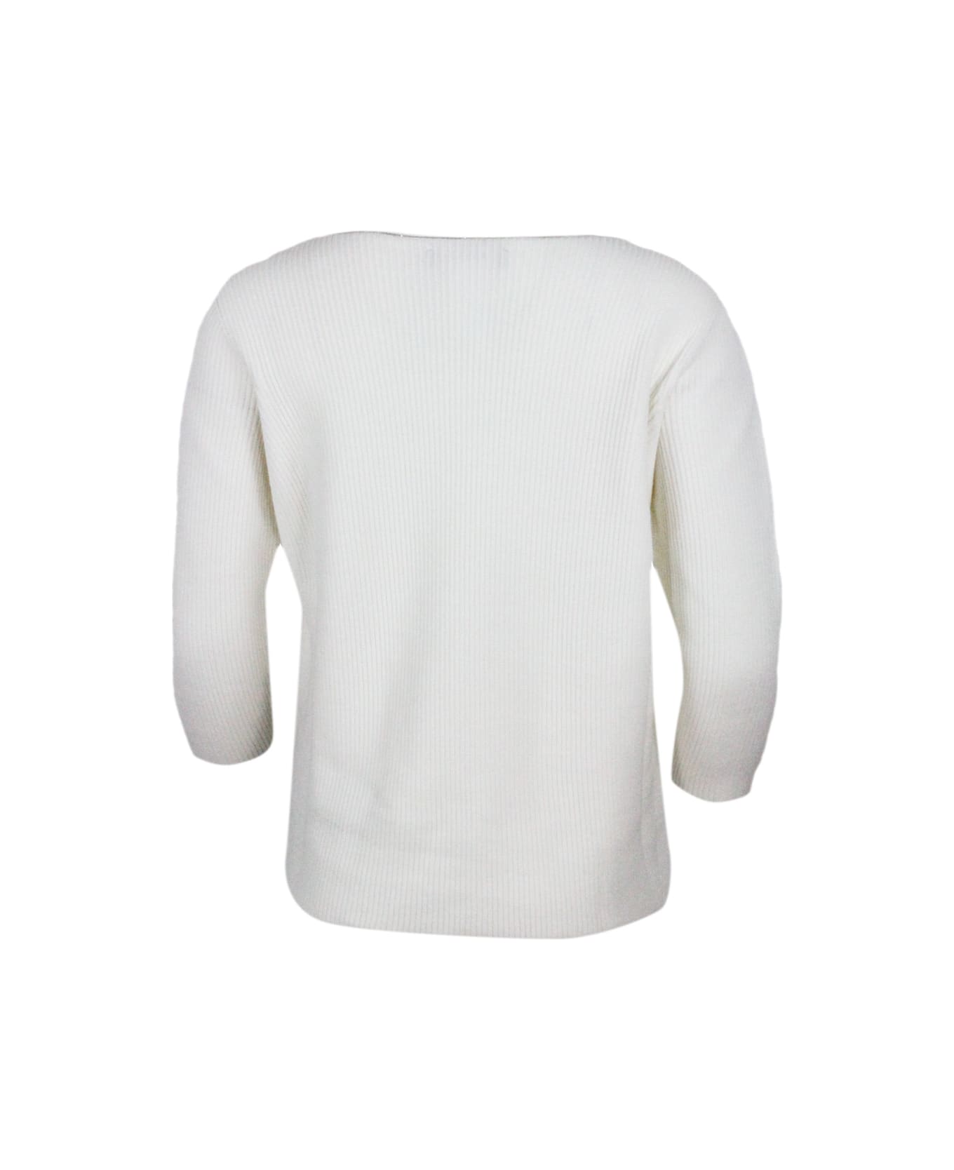 Fabiana Filippi Long-sleeved Boat-neck Sweater In Wool And Cotton Embellished With Brilliant Monili On The Neck - White