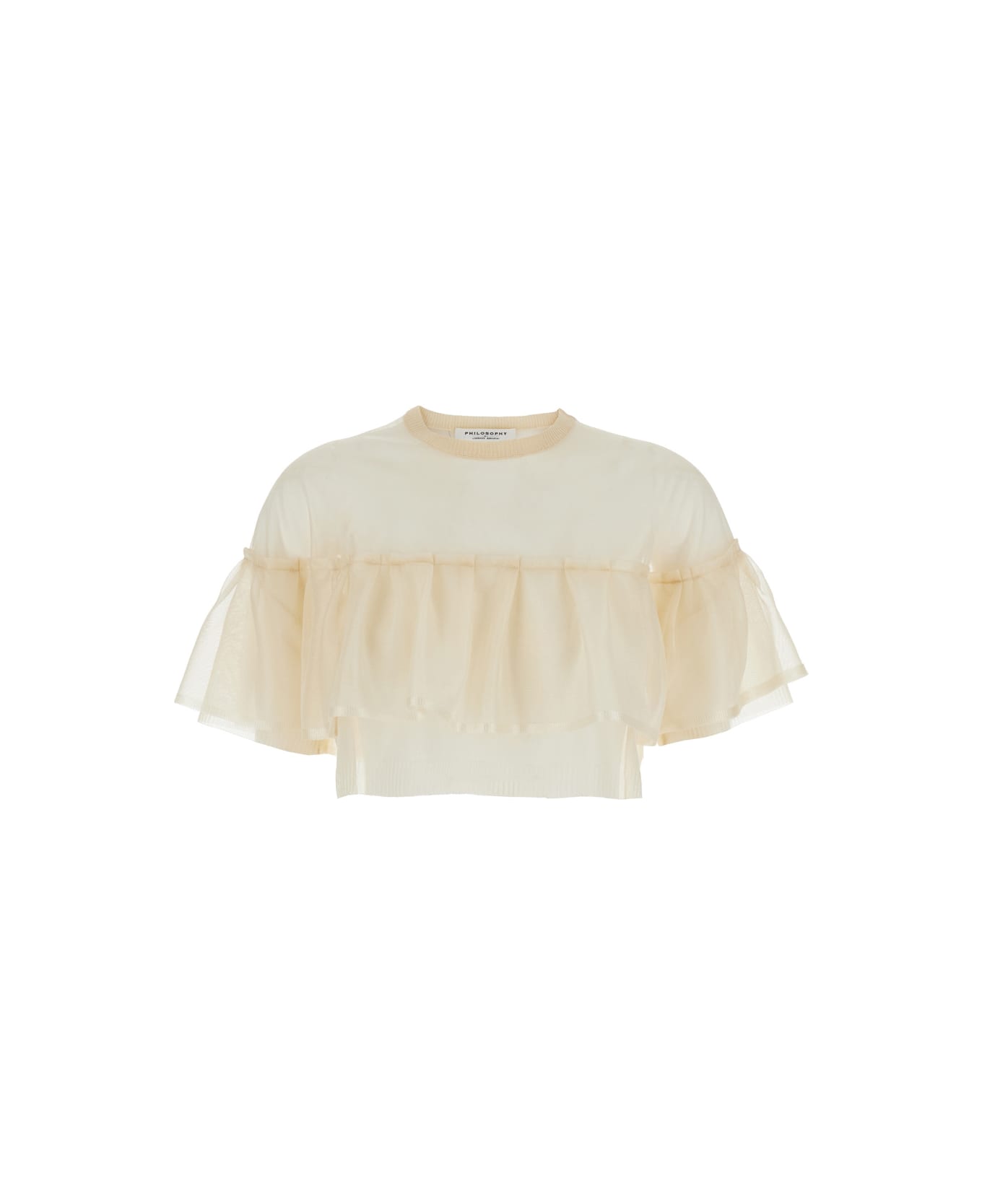 Philosophy di Lorenzo Serafini Beige Crewneck T-shirt With Ruffles In Tech Fabric Woman - Beige