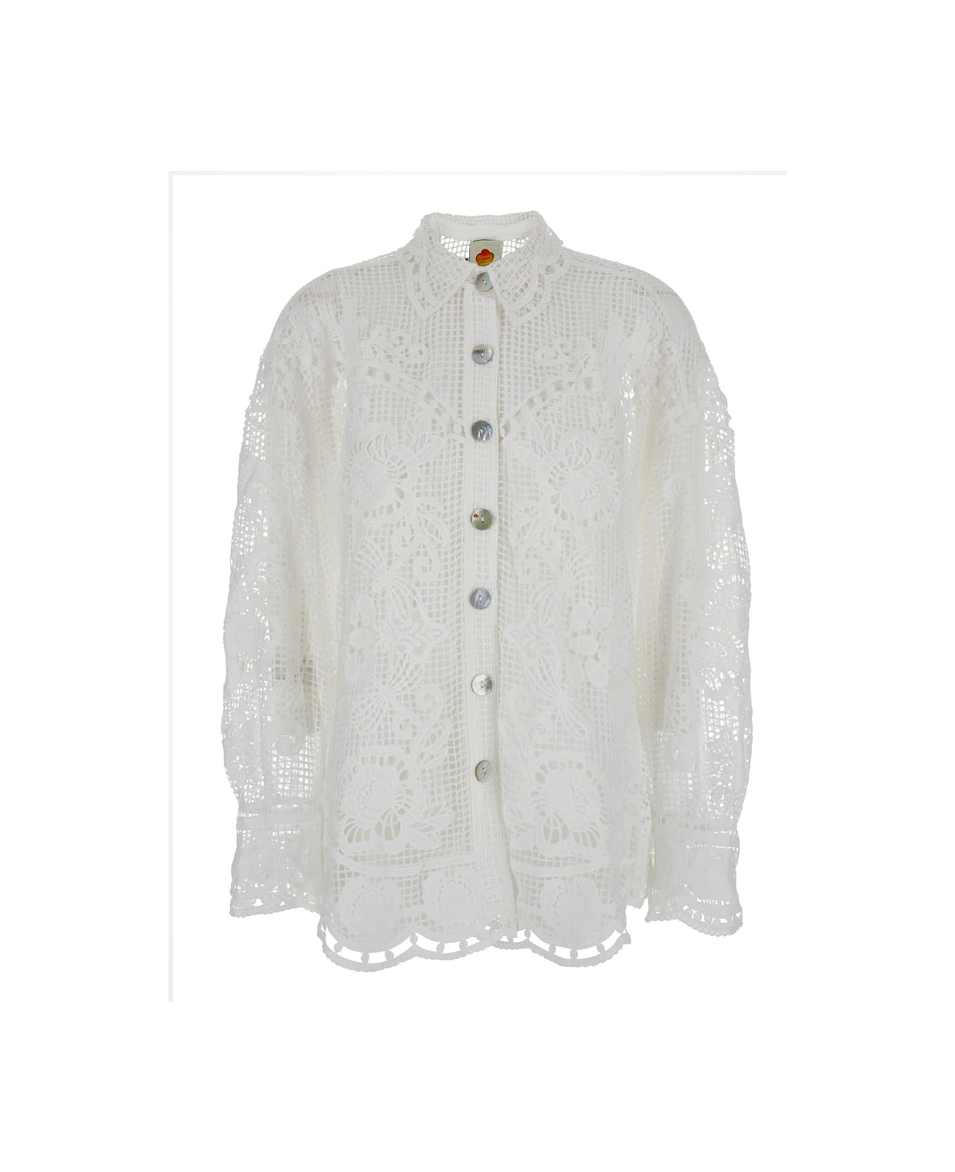 Farm Rio 
swan Lake
 White Shirt With Classic Collar And All-over Lace Embroidery In Tech Fabric Woman - White