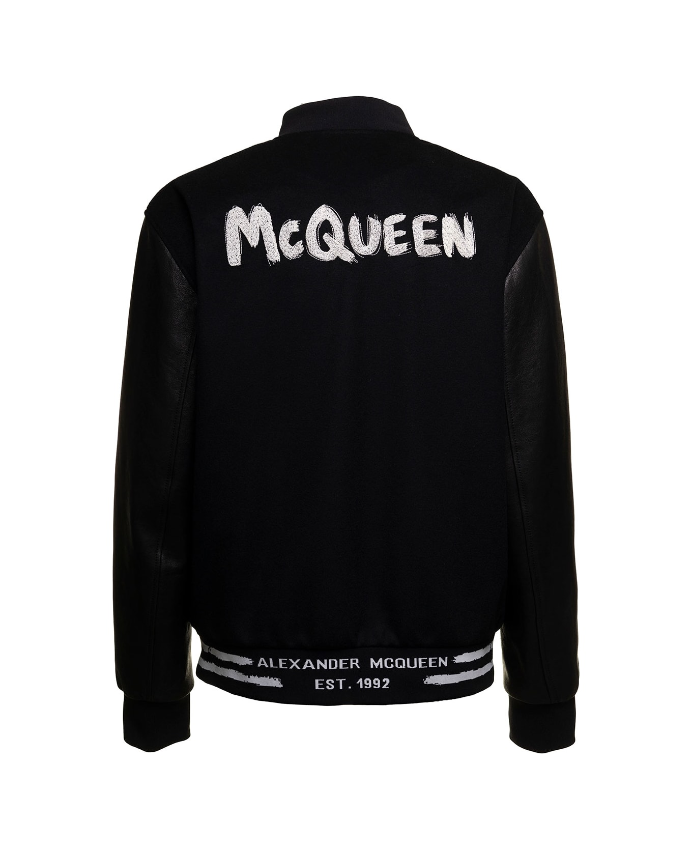 Alexander McQueen Man's Black Bomber Wool And Leather Jacket - BLACK