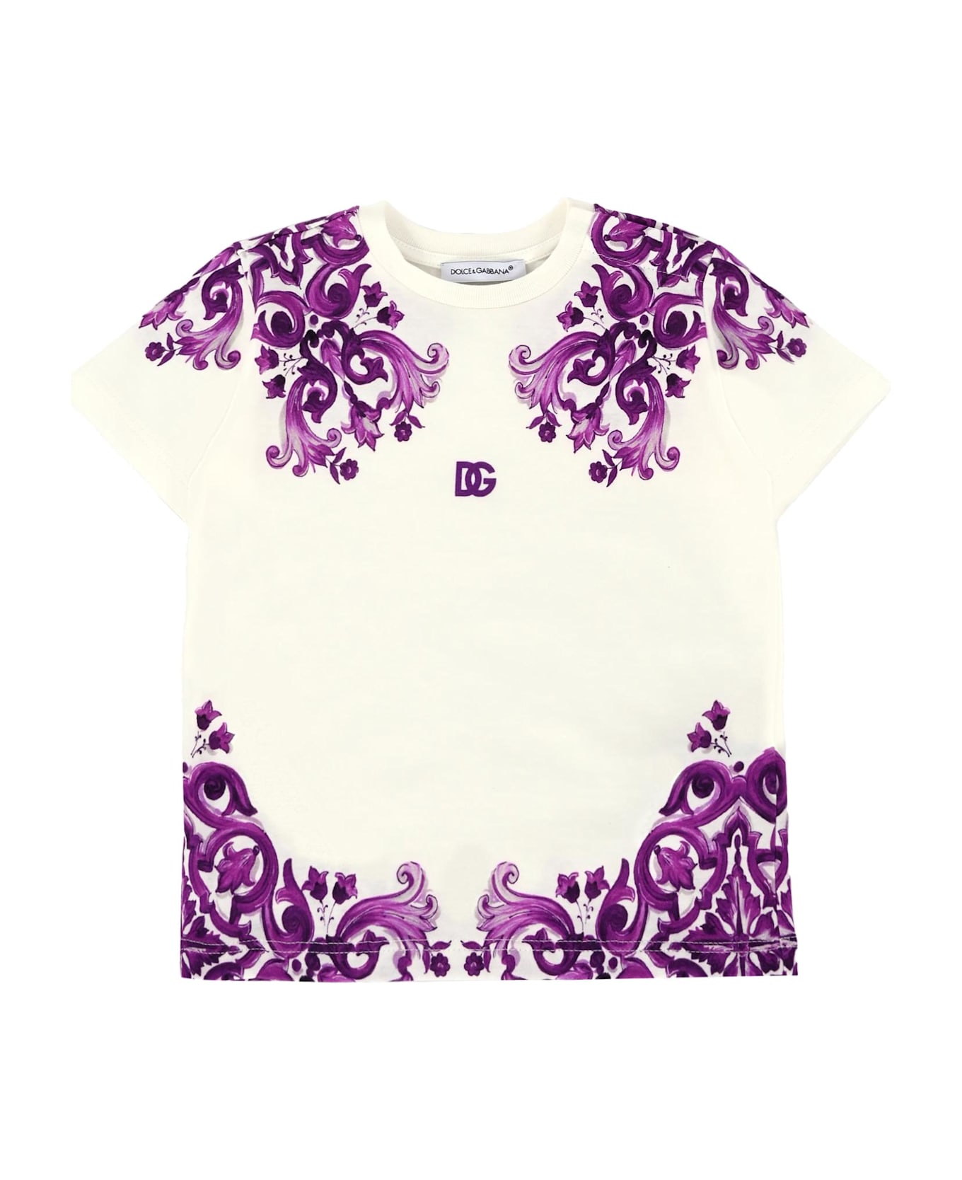 Dolce 
Gabbana White T-shirt For Baby Girl With Majolica Print - Violet
