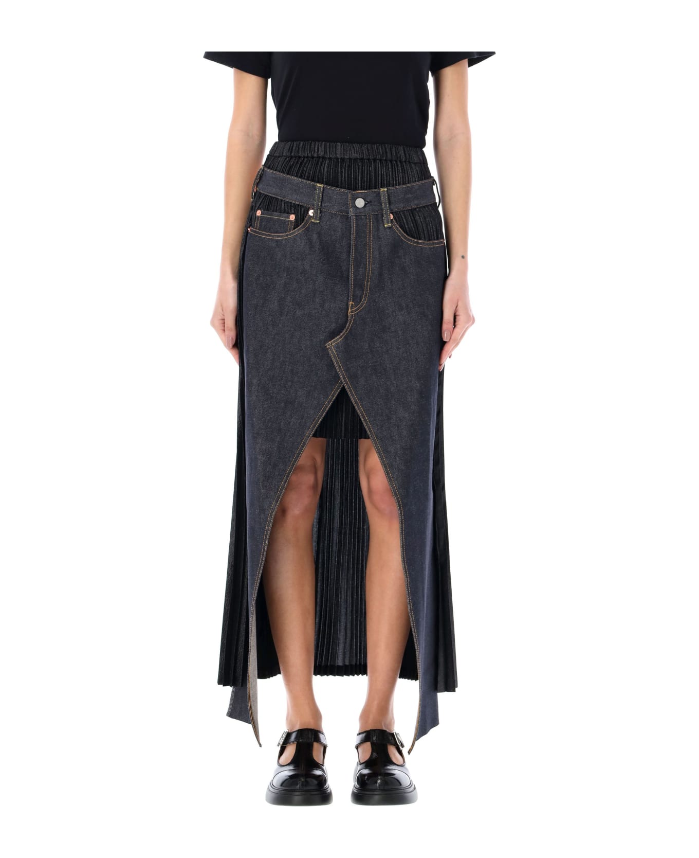 Junya Watanabe Deconstructed Pleated Denim Skirt - INDIGO + BLACK