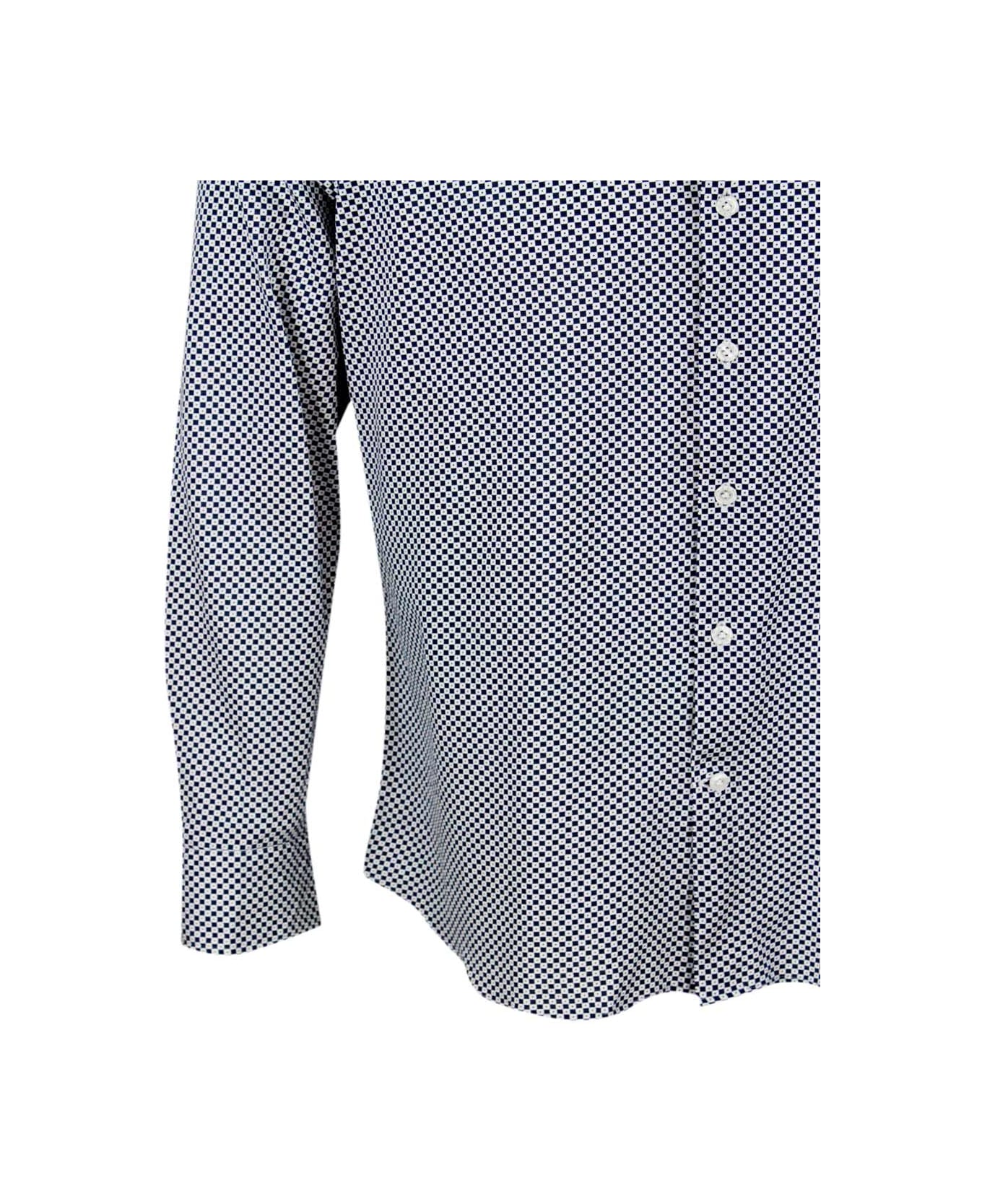 Sonrisa Luxury Shirt In Soft, Precious And Very Fine Stretch Cotton Flower With French Collar In A Small Geometric Checkered Design Print - Blu