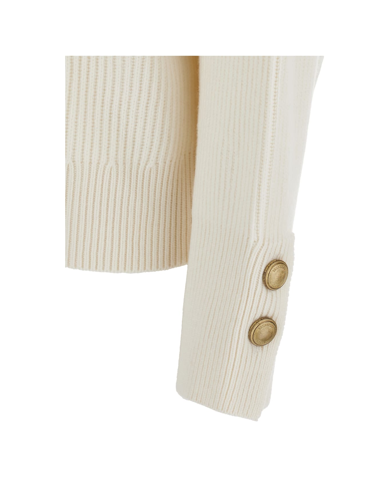 Brunello Cucinelli White Ribbed Knit Sweater With V Neck In Wool And Cashmere Blend Woman - White