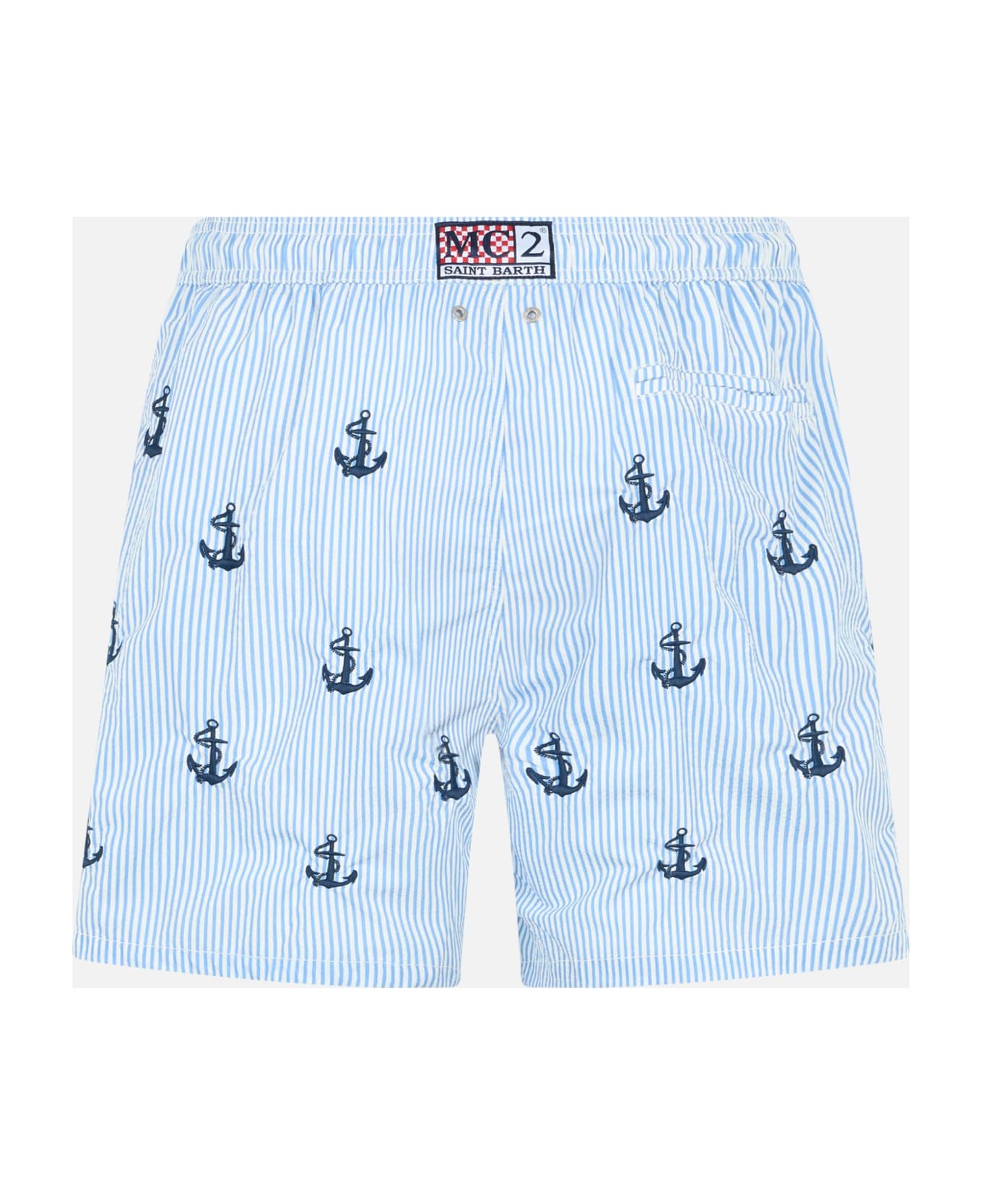 MC2 Saint Barth Man Mid-length Seersucker Gustavia Swim Shorts With Anchors Embroidery - SKY