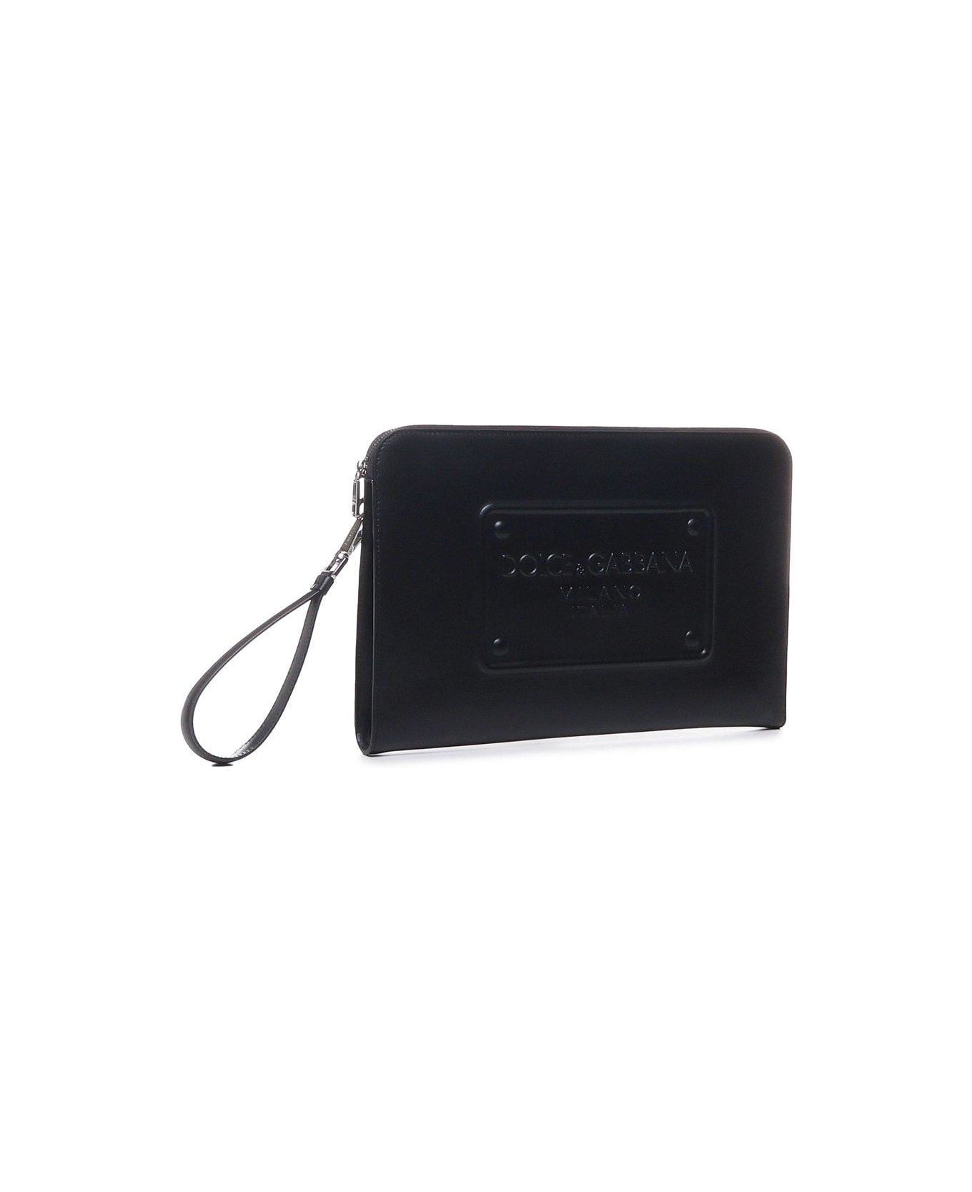 Dolce & Gabbana Milano Logo Embossed Large Pouch - Black