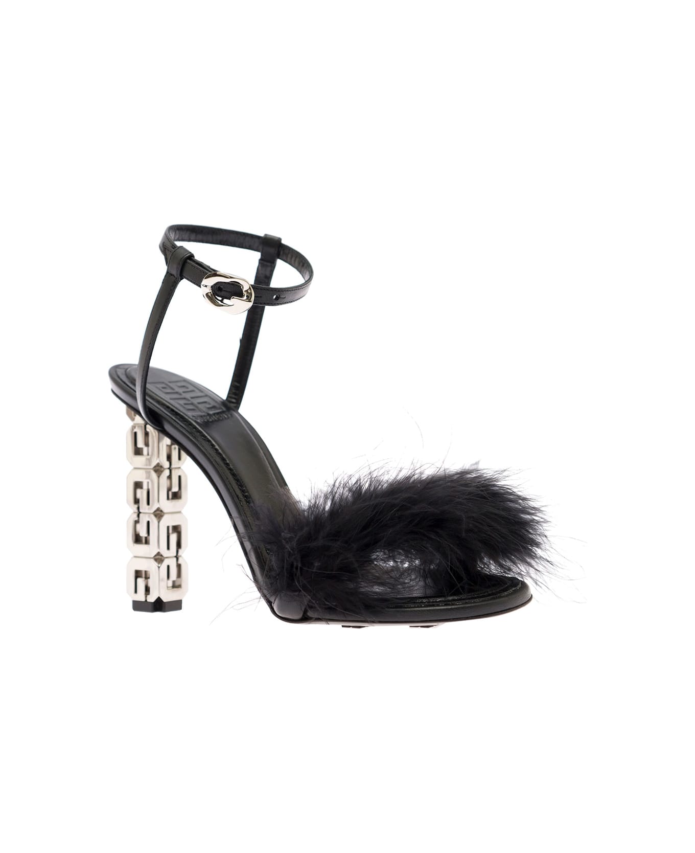 Givenchy 'g Cube' Black Sandals With Branded Heel And Tonal Feathers In Leather Woman - Nero