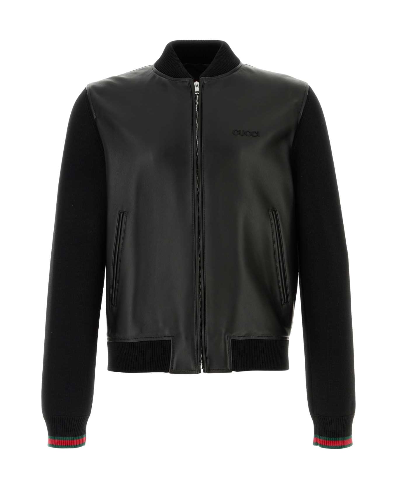 Gucci Black Nappa Leather And Knit Bomber Jacket - Black