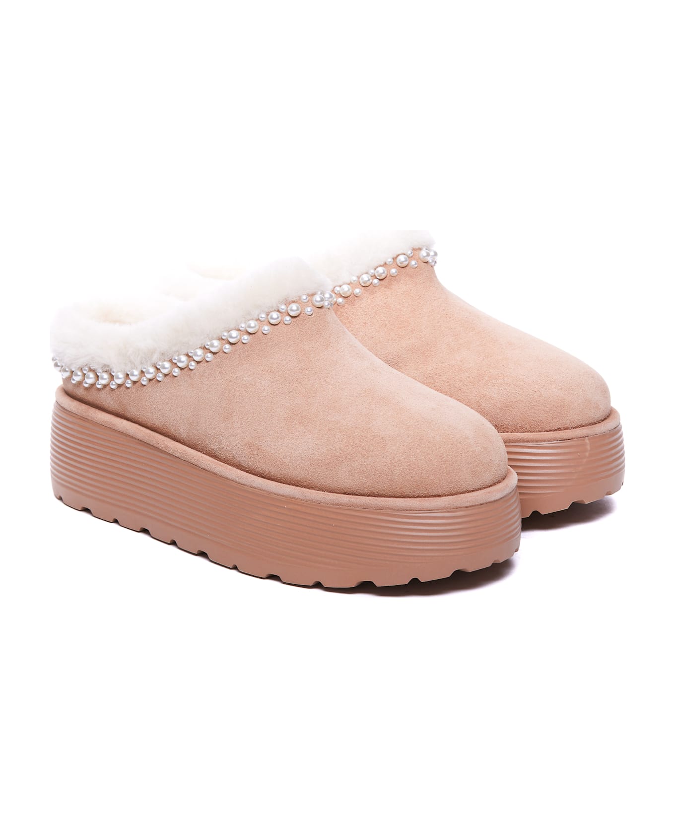Stuart Weitzman Nellie Pearl Flatform Mules - Beige