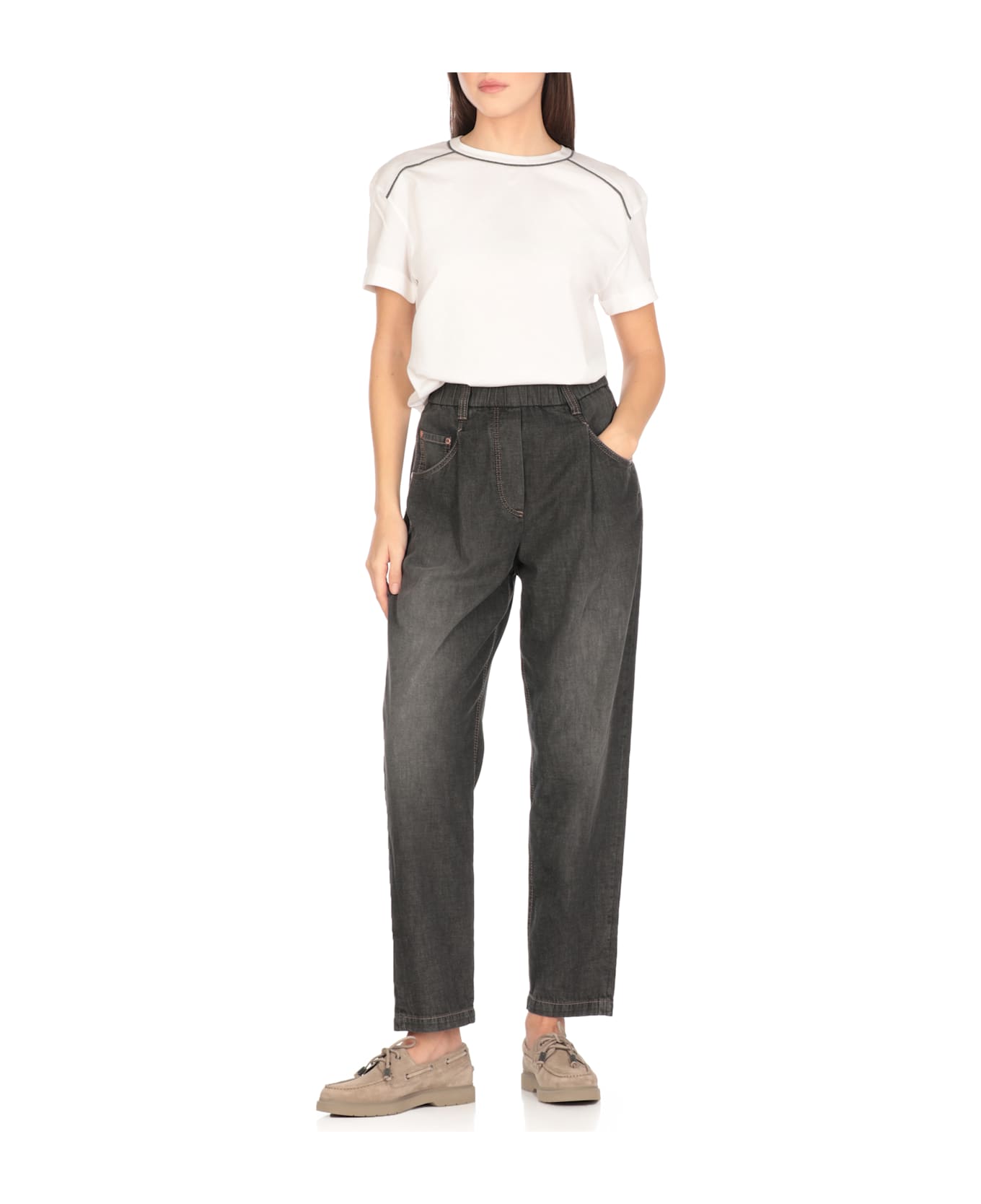 Brunello Cucinelli Grey Five Pocket Jeans With Elastic Waist In Cotton Woman - Grey