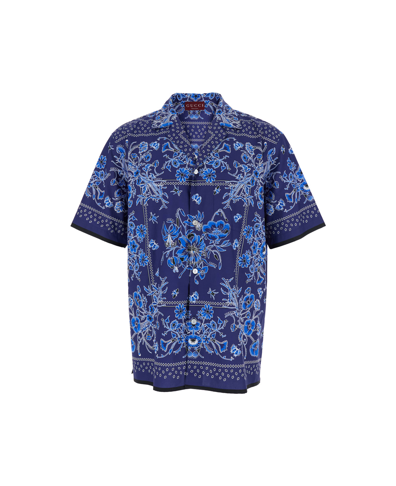 Gucci Blue Bowling Shirt With Cuban Collar And All-over Floral Print In Cotton Man - Blu