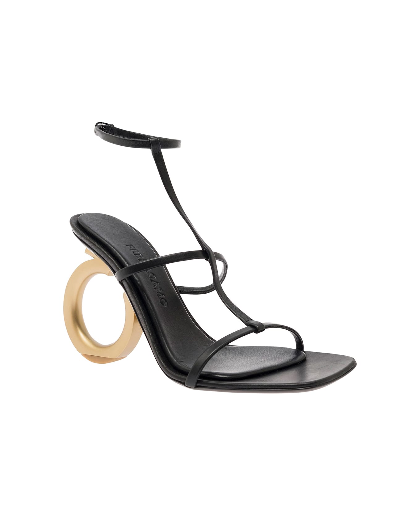 Ferragamo 'elina' Black Sandals With Sculptural Gancini Heel In Leather Woman - Black