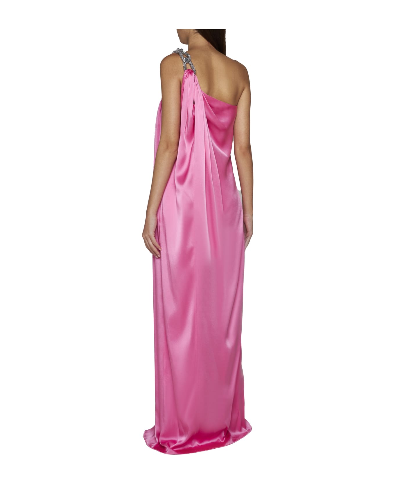 Stella McCartney One-shoulder Maxi Dress With Crystal Chain In Double Satin - Bright Pink