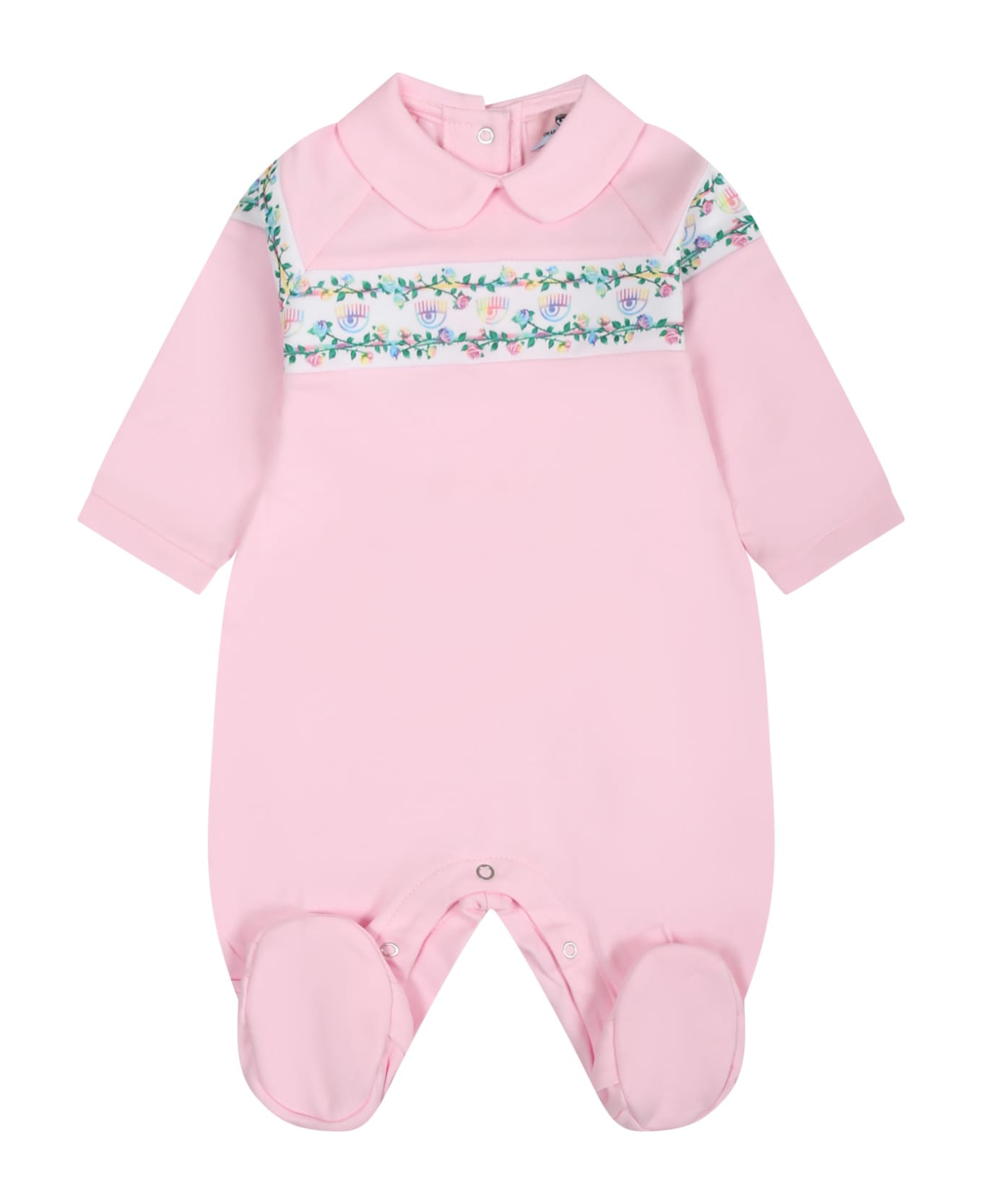 Chiara Ferragni Pink Playsuit For Baby Girl With Flirting Eyes And Multicolor Roses - Pink ボディスーツ＆セットアップ