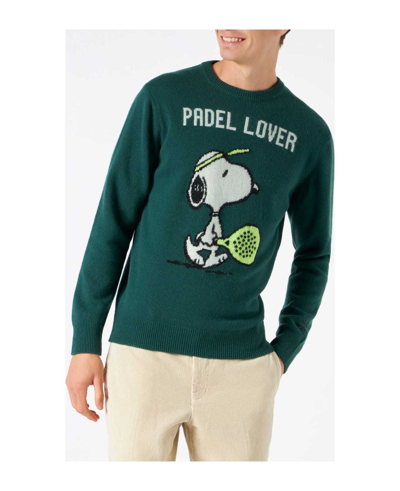 MC2 Saint Barth Man Green Sweater With Snoopy Print | Snoopy - Peanuts Special Edition