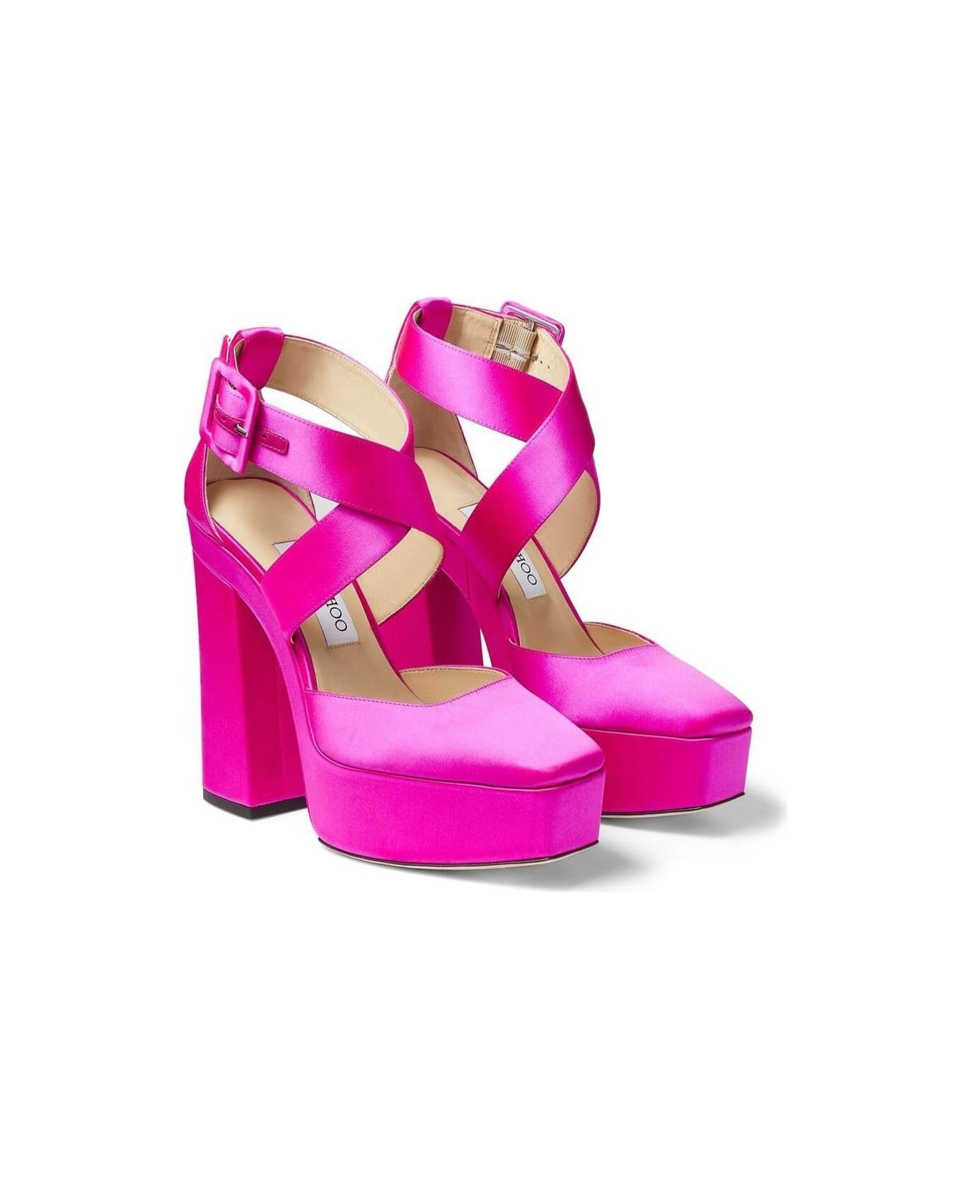 Jimmy Choo Fuchsia Pink Gian Platform Pumps In Satin And Leather Woman - Fuxia
